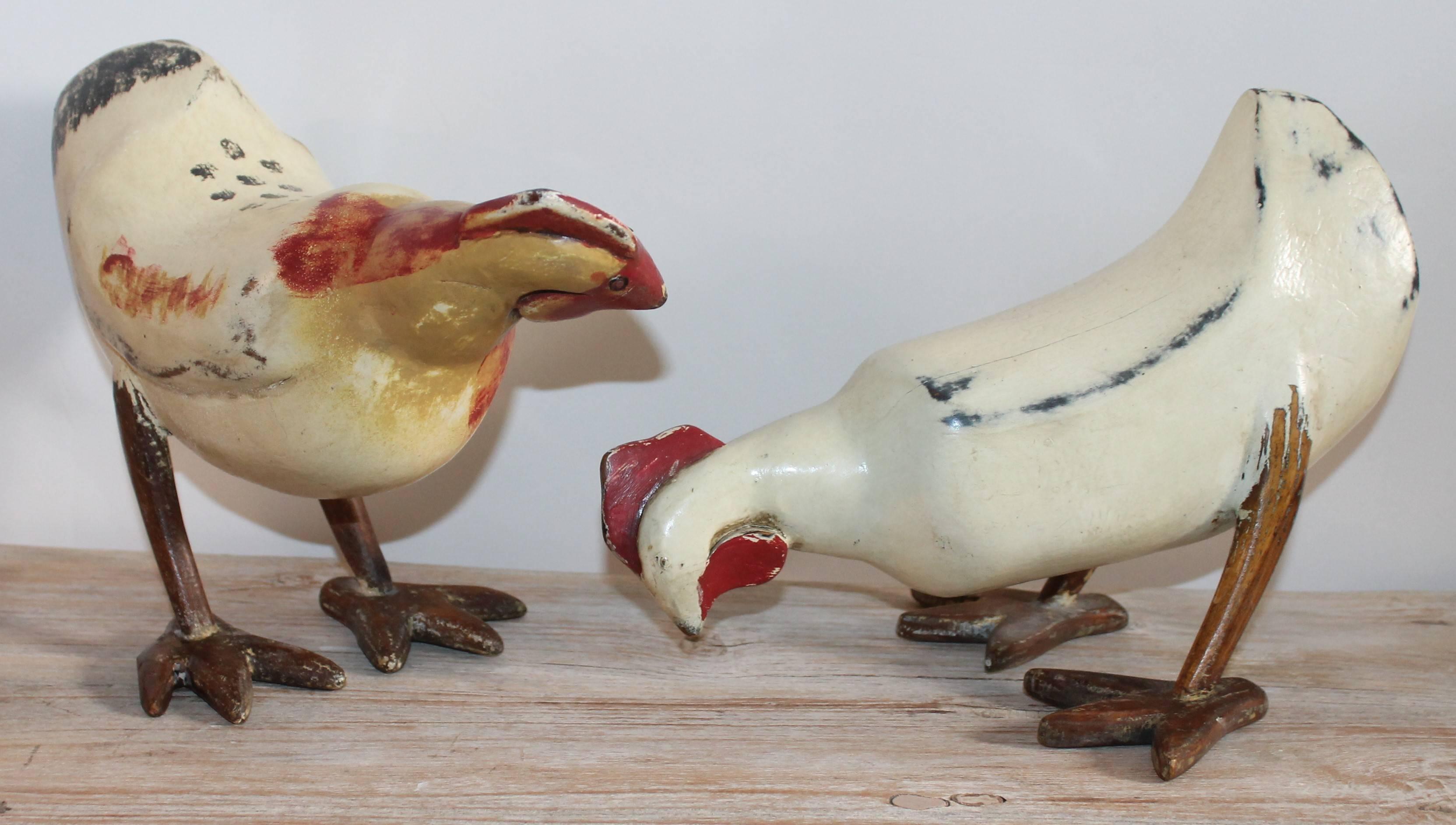 Folk Art Painted Pecking Chickens, Pair