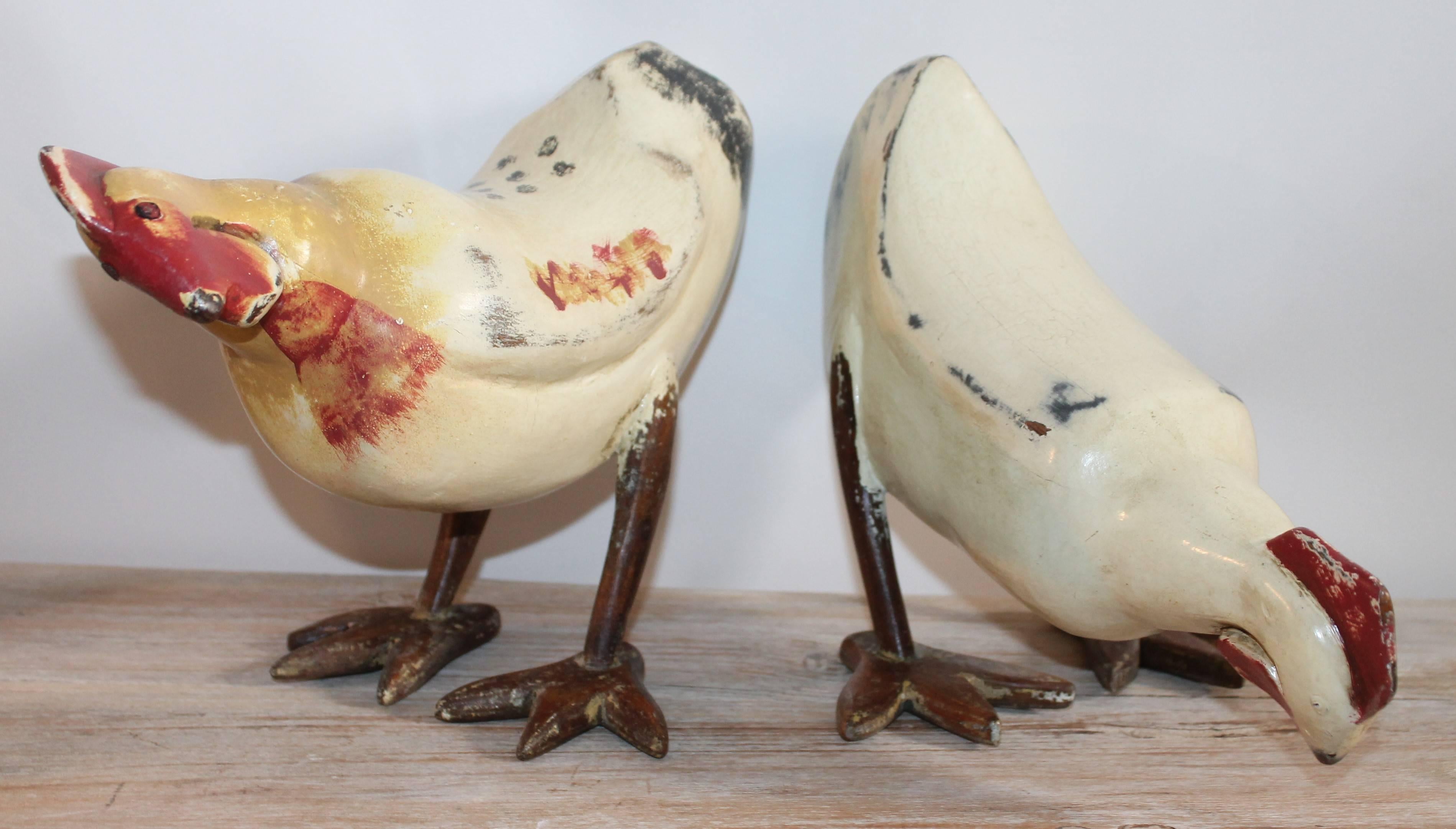 Painted Pecking Chickens, Pair In Excellent Condition In Los Angeles, CA