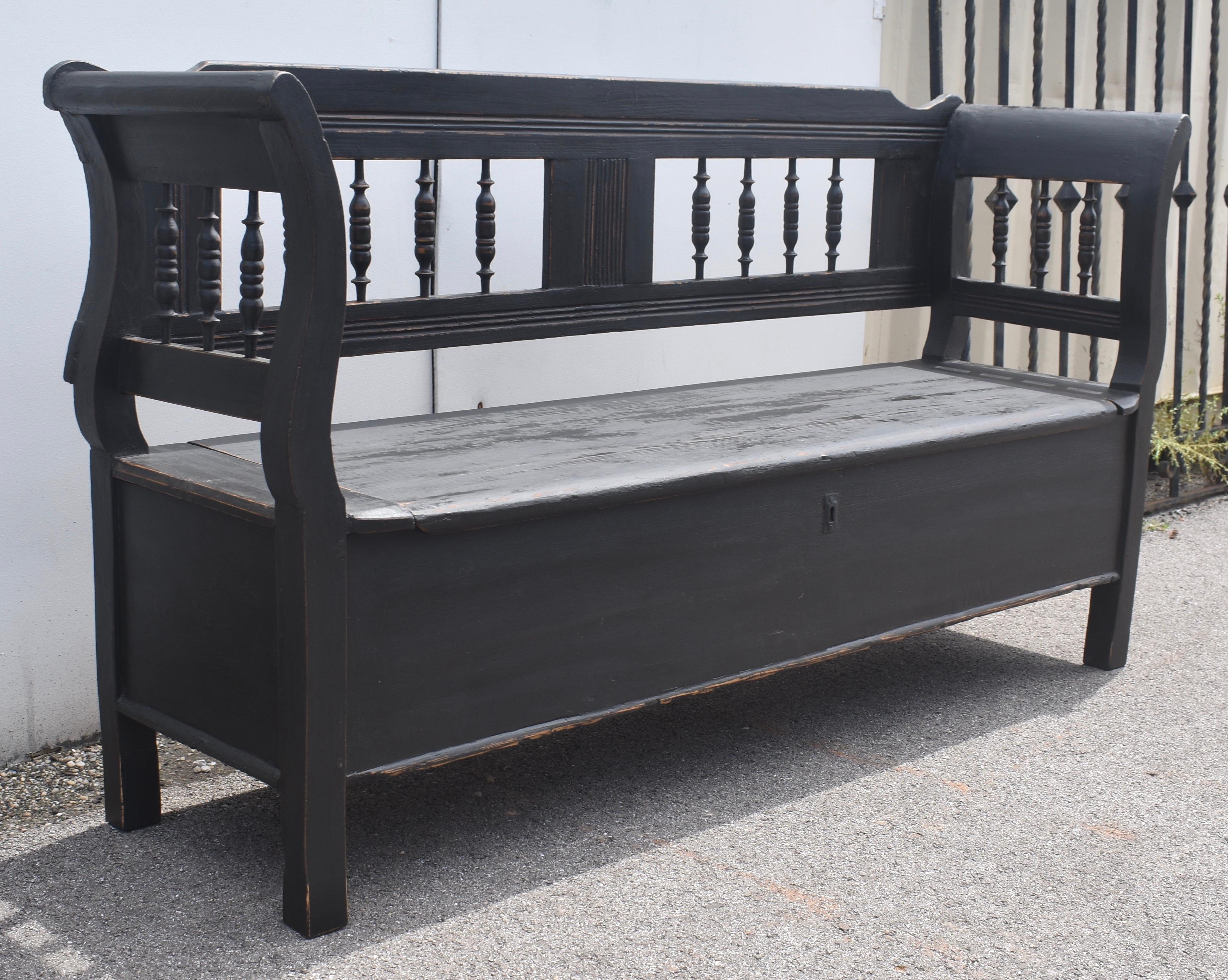 Hungarian Painted Pine and Oak Storage Bench or Settle For Sale