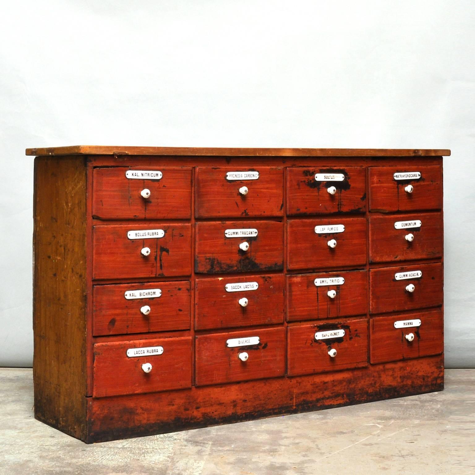 Industrial Painted Pine Apothecary Cabinet with 16 Drawers, circa 1900
