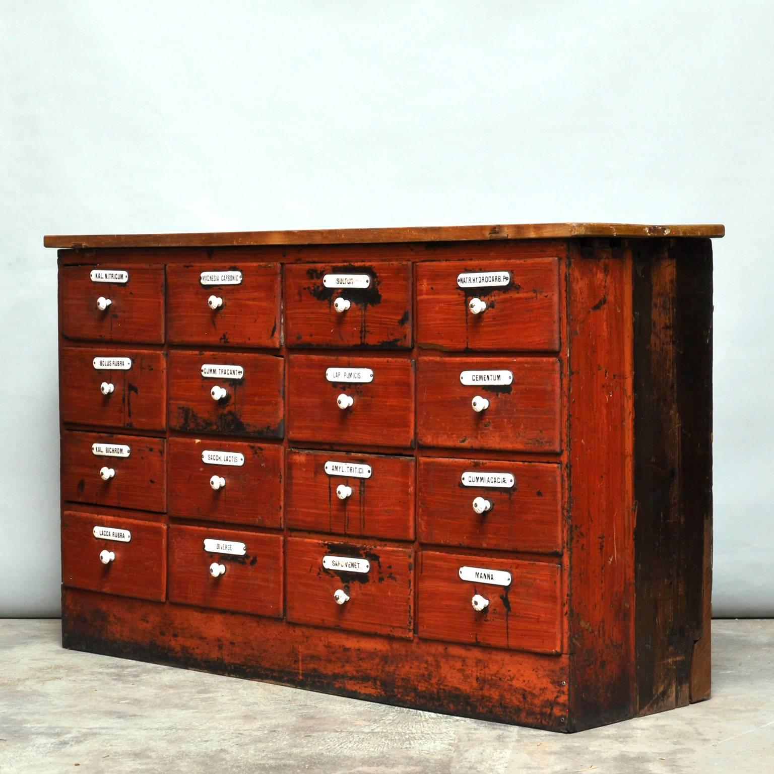 Czech Painted Pine Apothecary Cabinet with 16 Drawers, circa 1900
