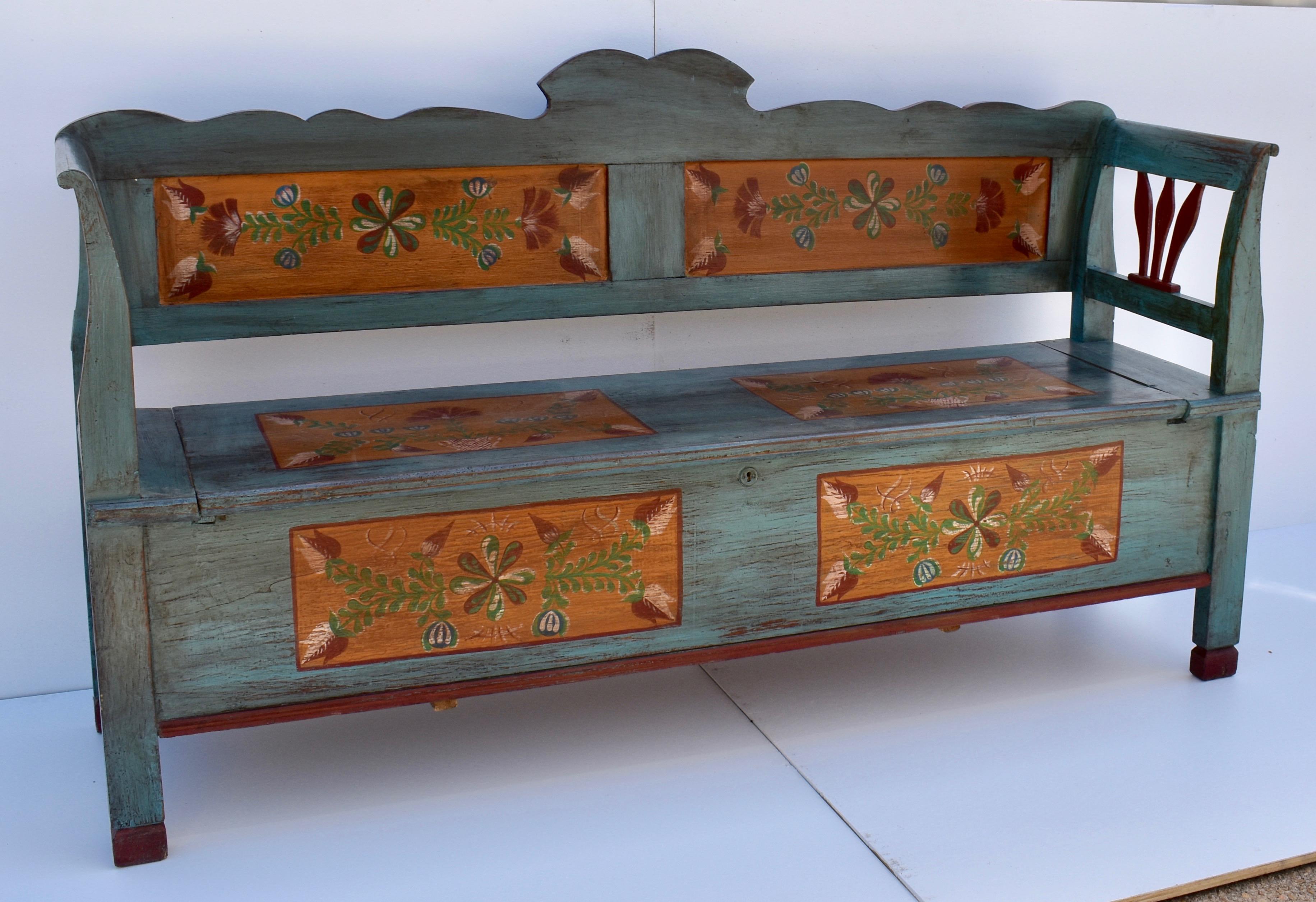 Folk Art Painted Pine Box Bench or Settle