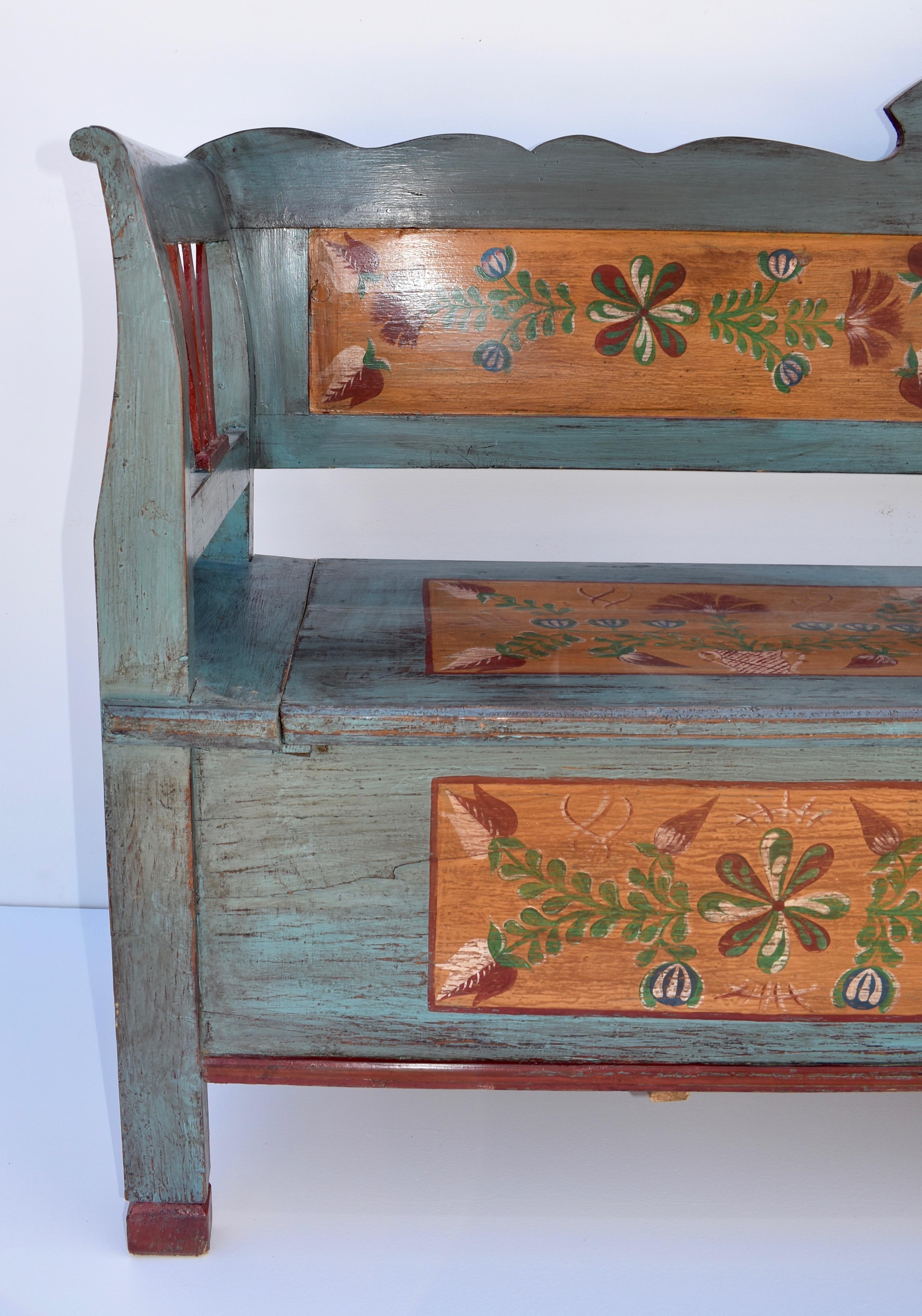 Hungarian Painted Pine Box Bench or Settle