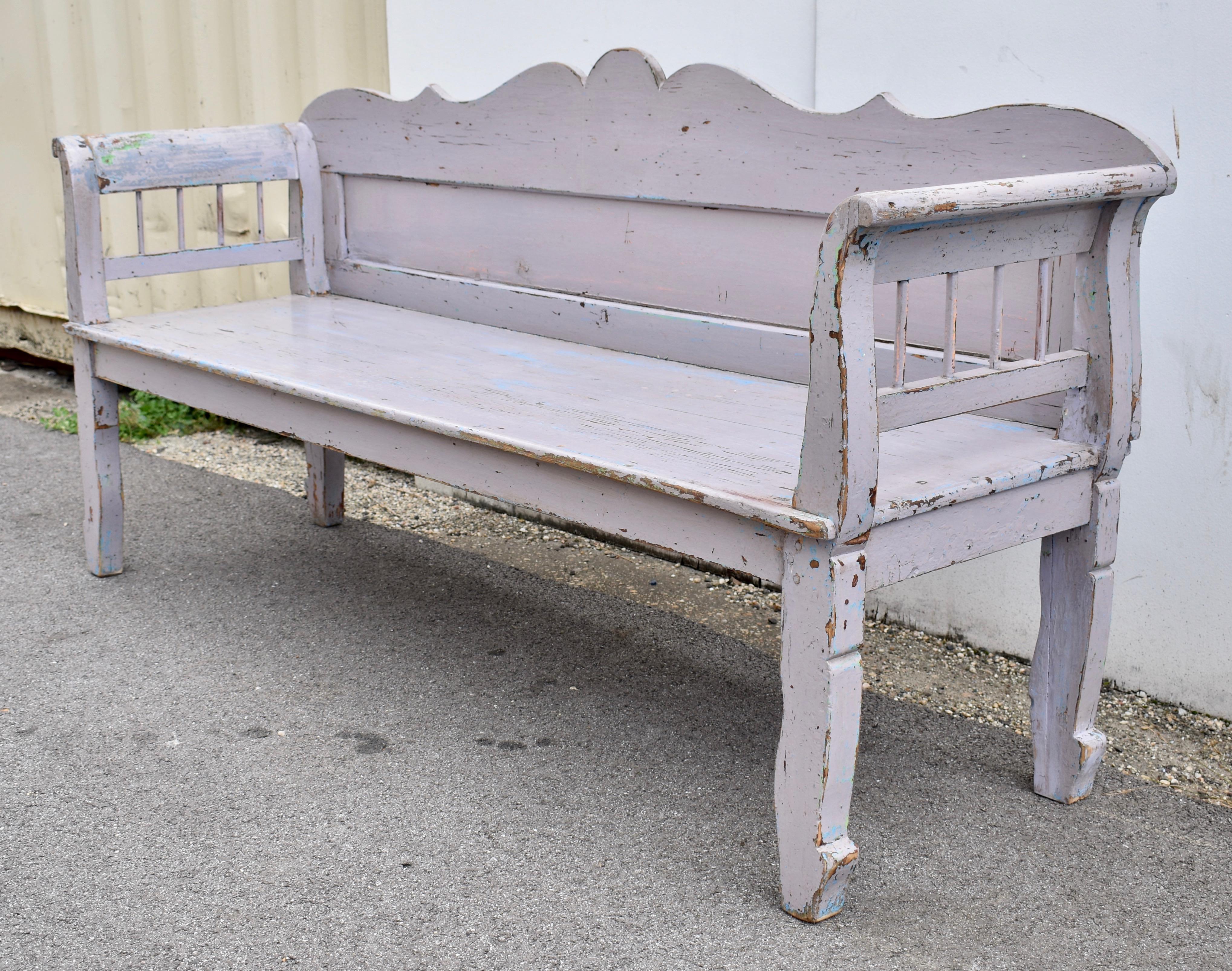 20th Century Painted Pine Camel-Back Bench or Settle. For Sale