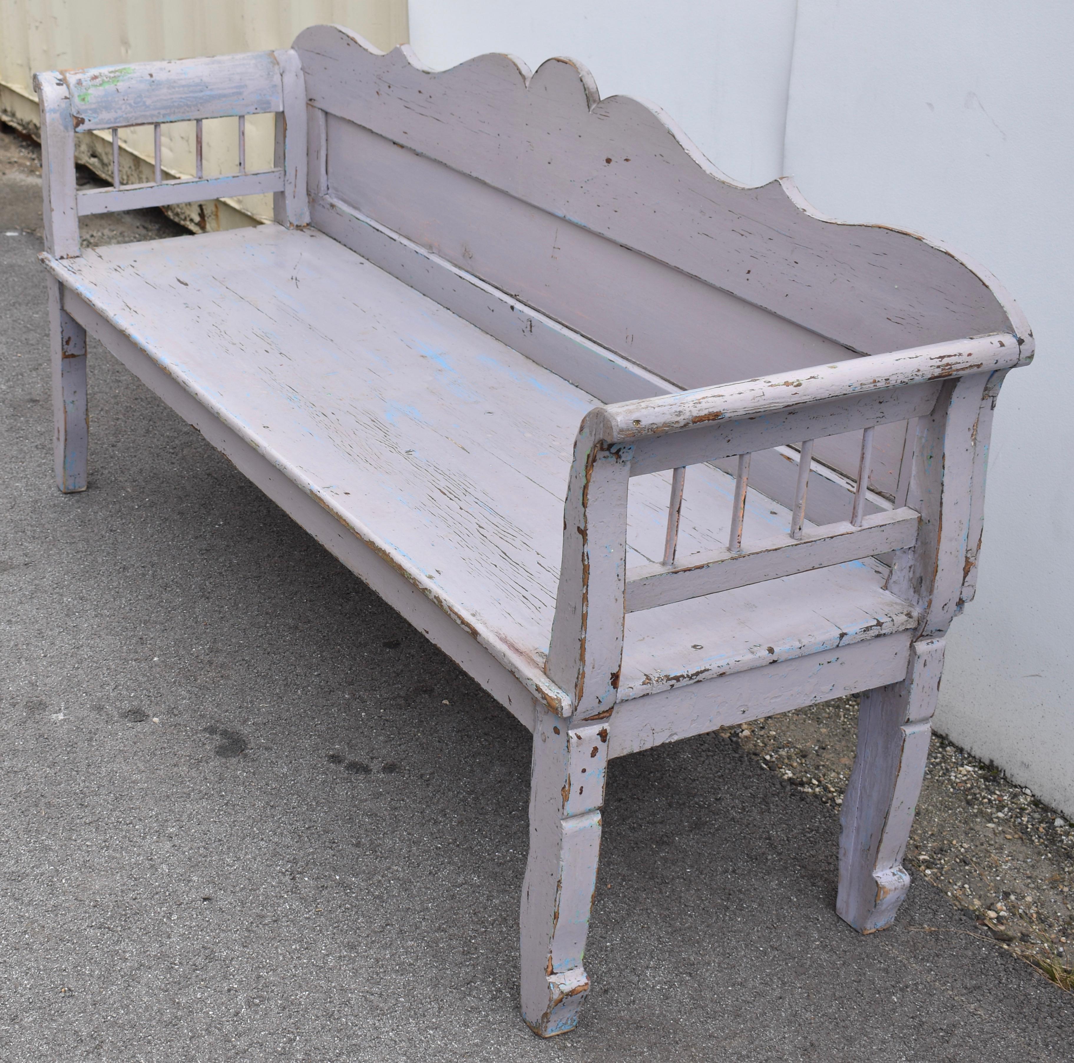 Painted Pine Camel-Back Bench or Settle. For Sale 2