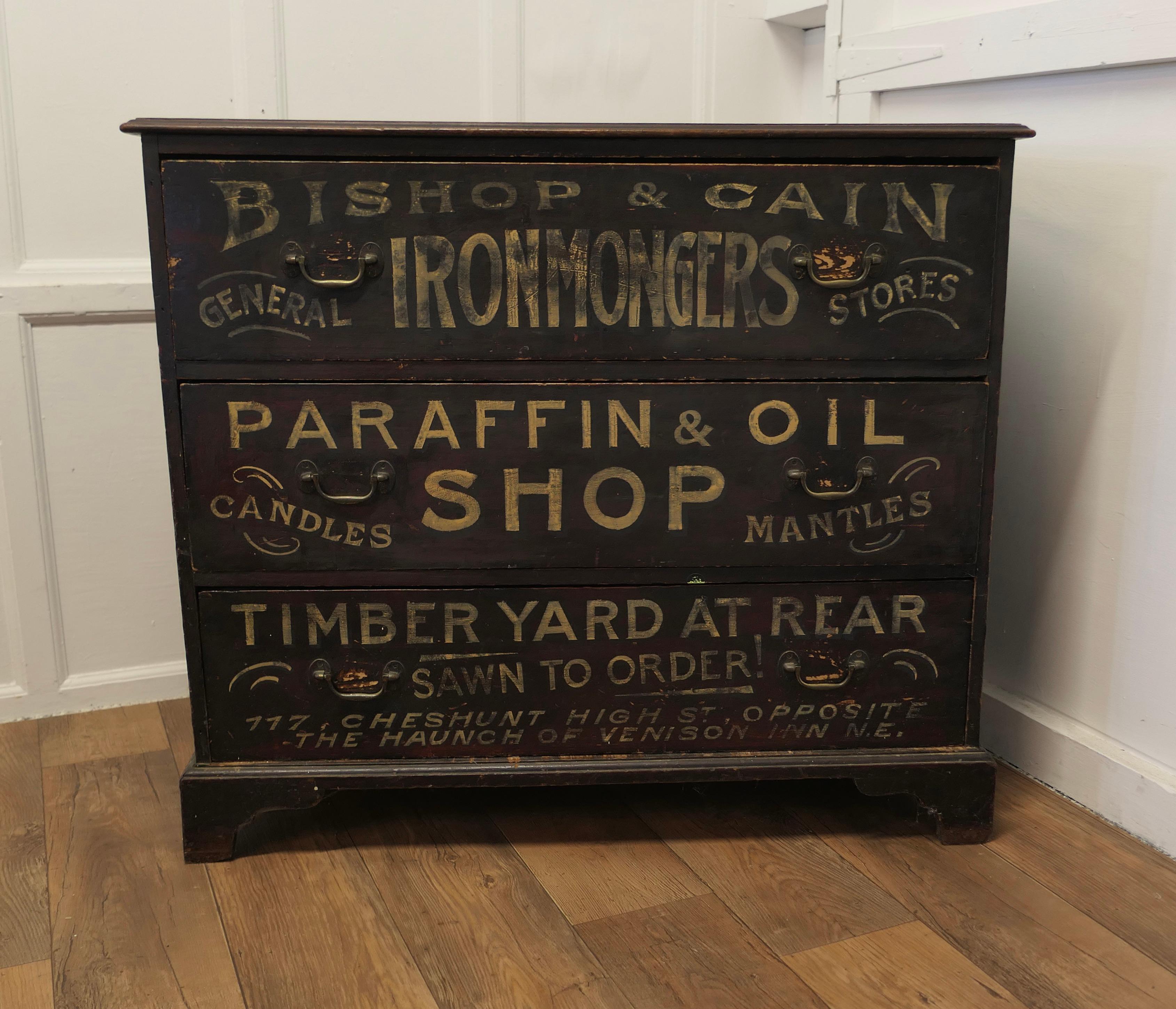 Painted Pine Chest of Drawers, Advertising Bishop and Cain Ironmongers

This is a great decorative piece, it is a 19th Century 3 drawer chest of drawers from England
It has 20th century Lettering painted on the front advertising Everything from