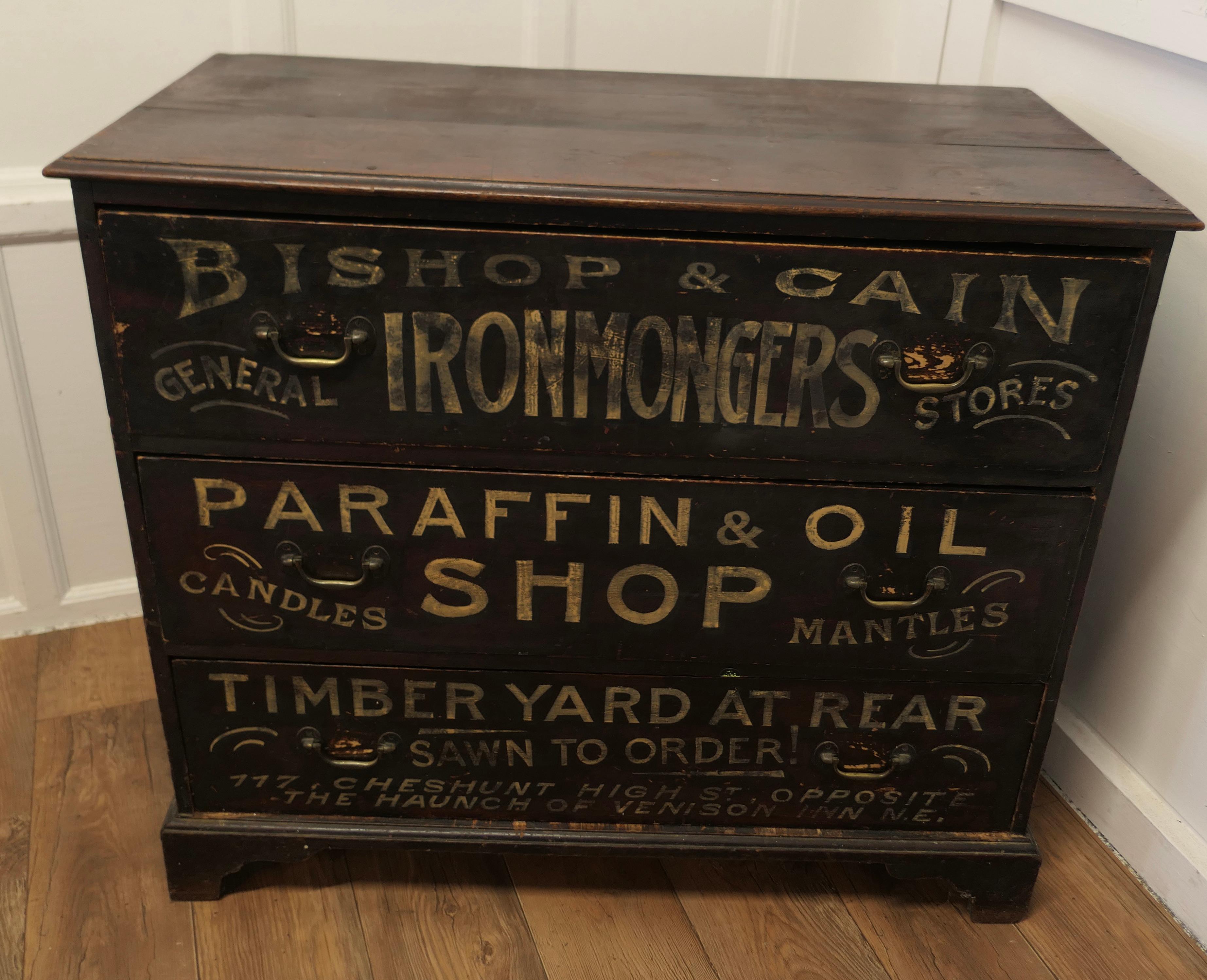 Industrial Painted Pine Chest of Drawers, Advertising Bishop and Cain Ironmongers   