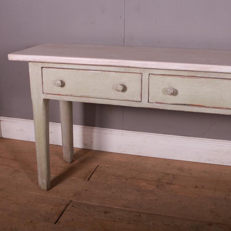 Narrow 19th C painted pine 3 drawer console / serving table. 1880.

Dimensions
78 inches (198 cms) wide
18 inches (46 cms) deep
31 inches (79 cms) high.

   