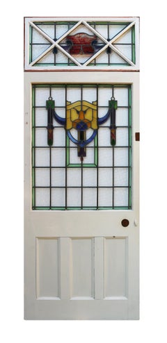 Painted Pine Front Door With Fixed Stained And Leaded Glass