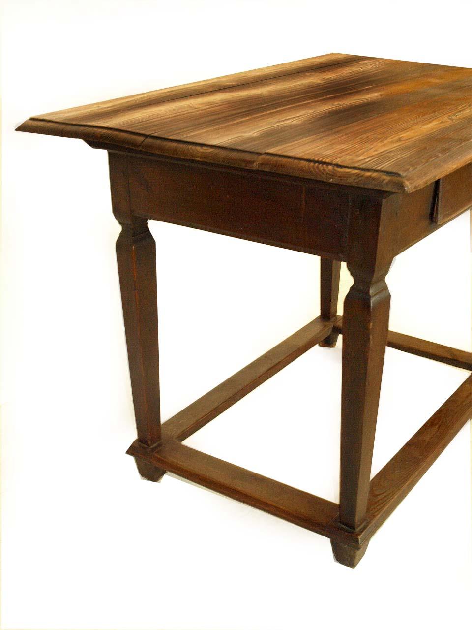Russian painted pine one drawer tavern table with exposed double peg construction, the top with extended overhang, molded edge; unusual alternating dark and light striping of the weathered pine( minor scarring near the front noted in photo) ;