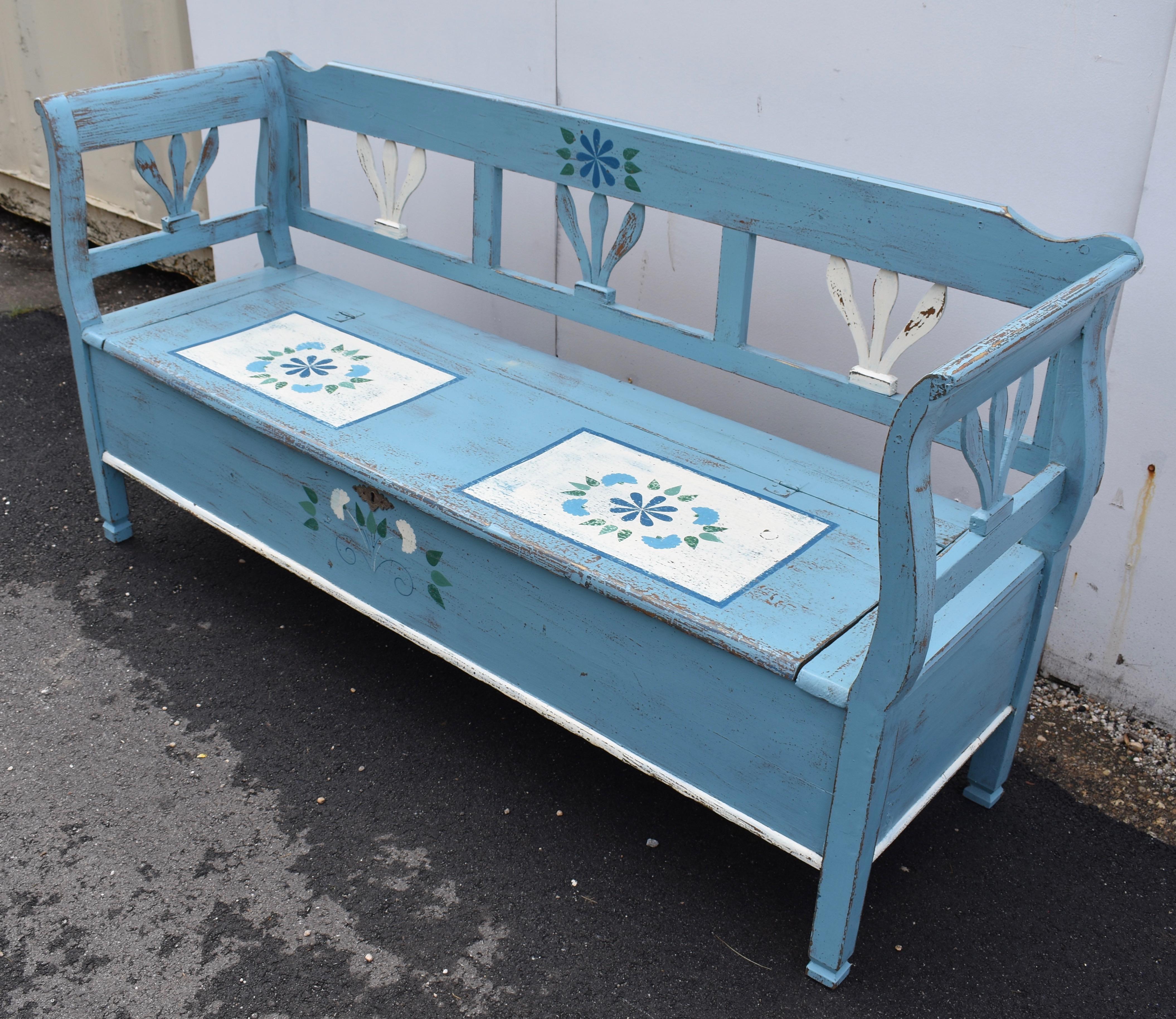Hungarian Painted Pine Storage Bench or Settle For Sale
