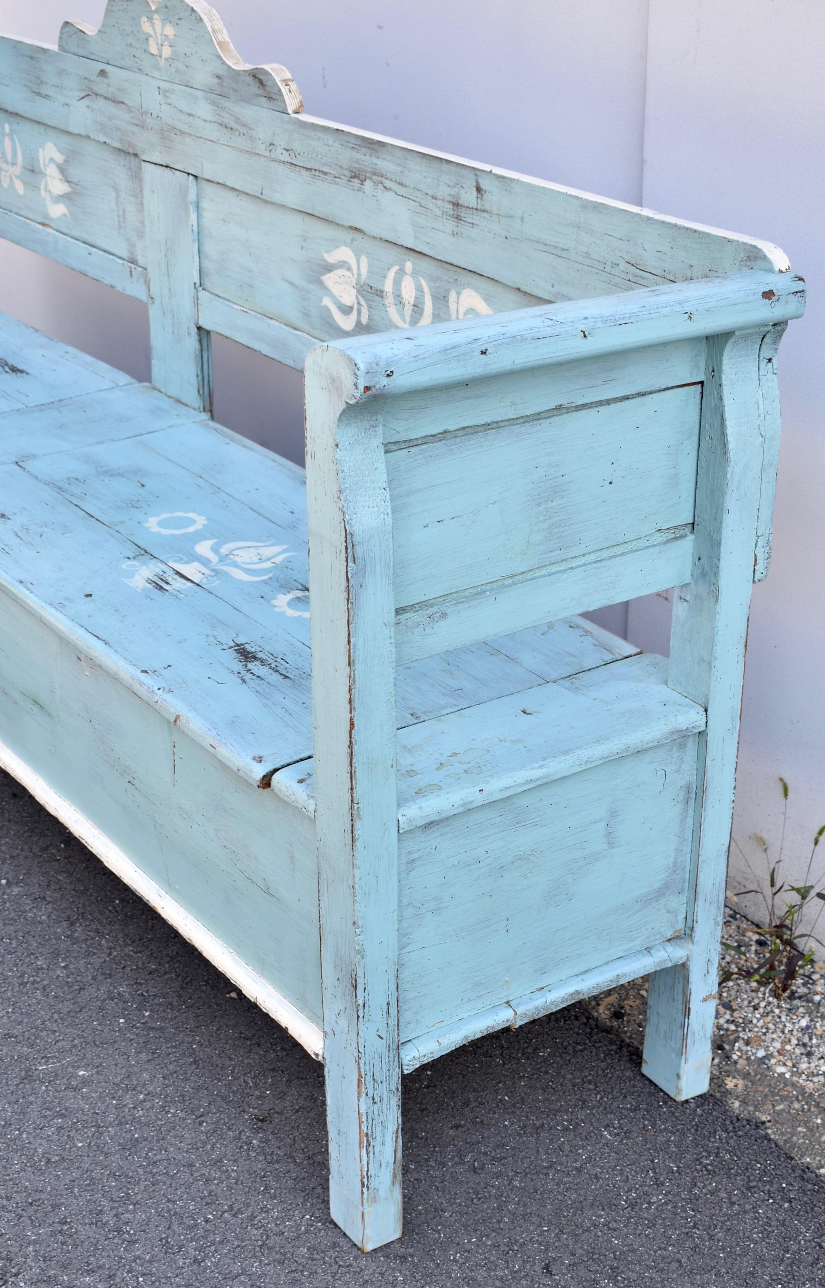 Hungarian Painted Pine Storage Bench or Settle For Sale