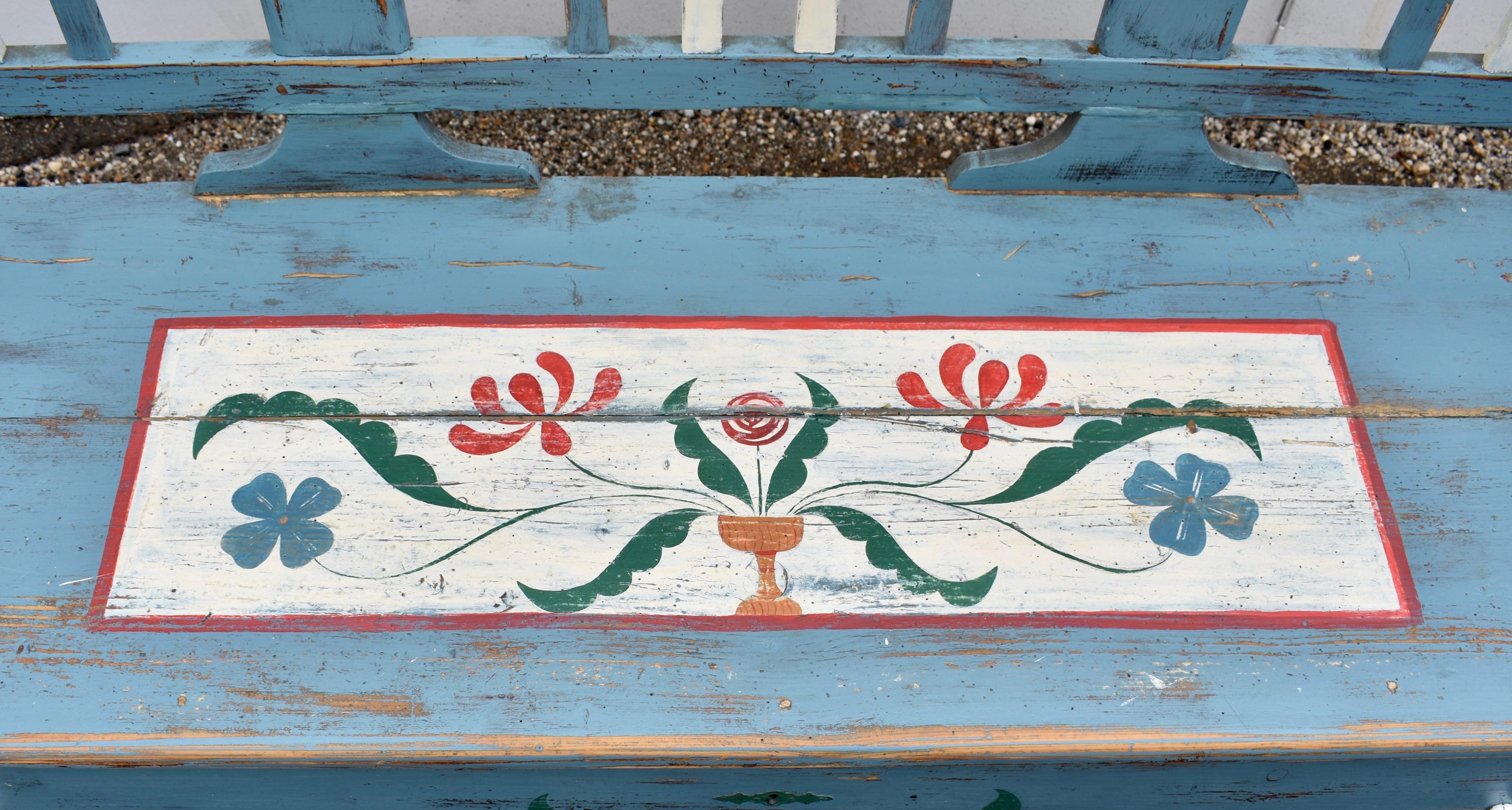 Folk Art Painted Pine Storage Bench or Settle