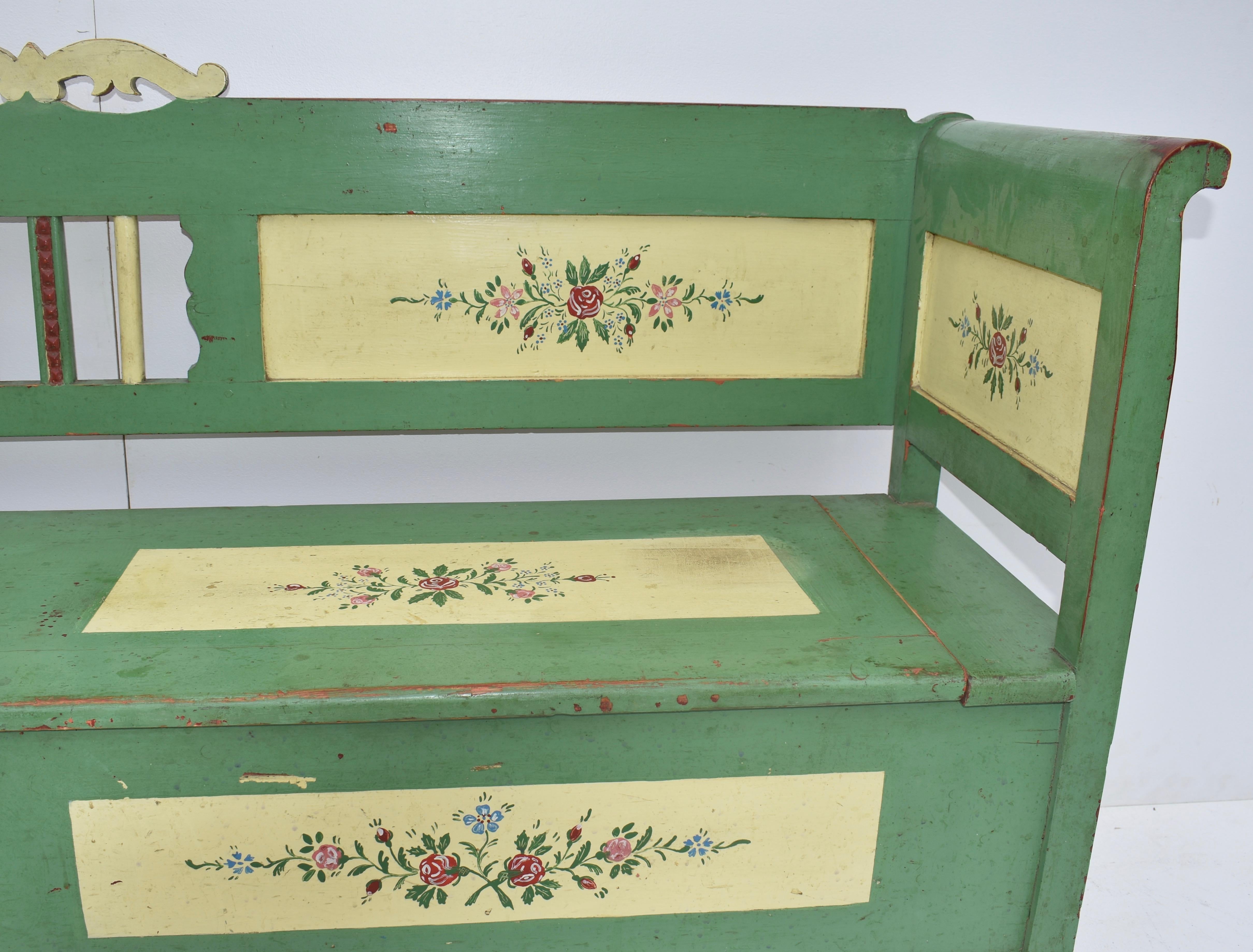 Hungarian Painted Pine Storage Bench or Settle