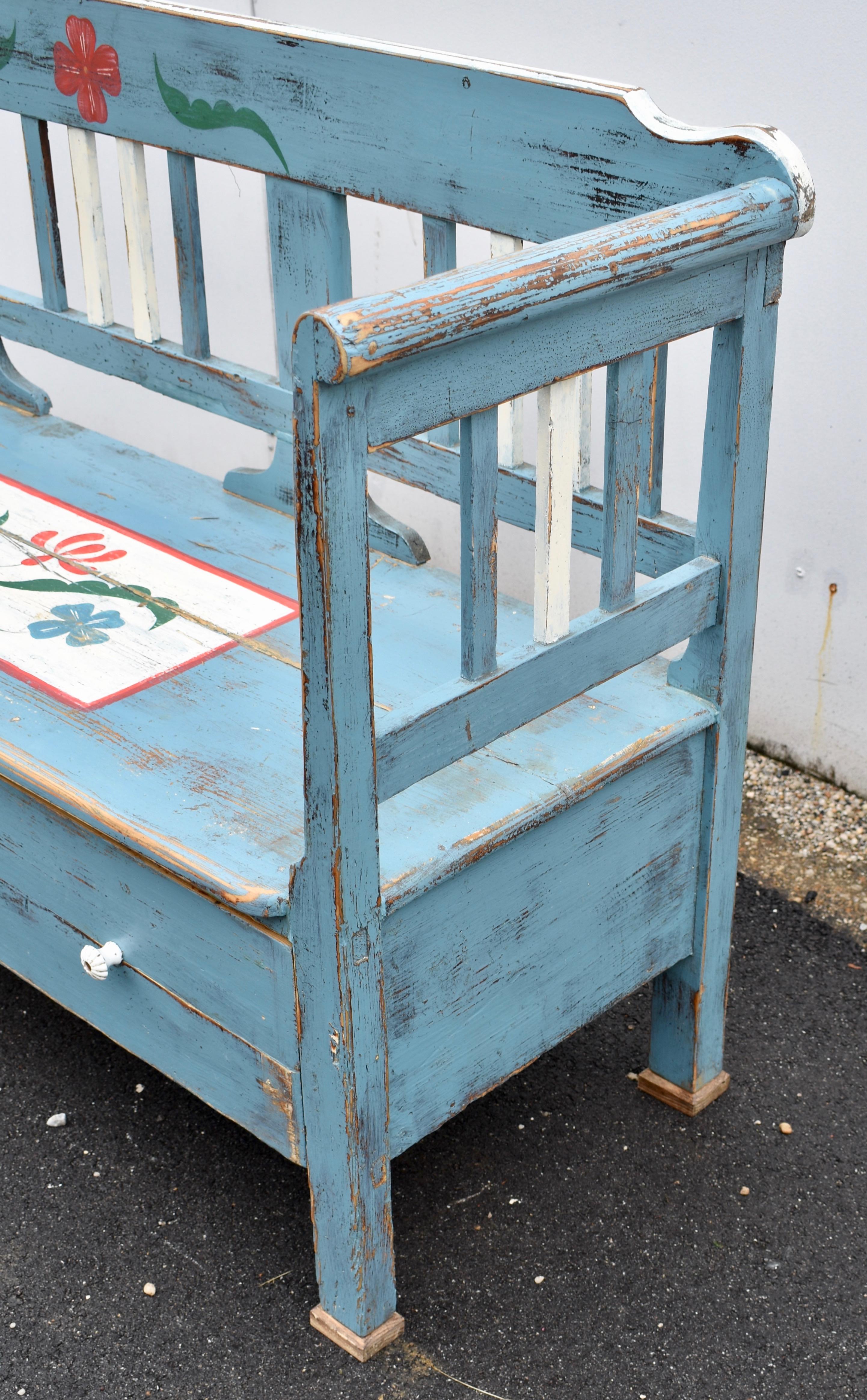 Hand-Painted Painted Pine Storage Bench or Settle For Sale