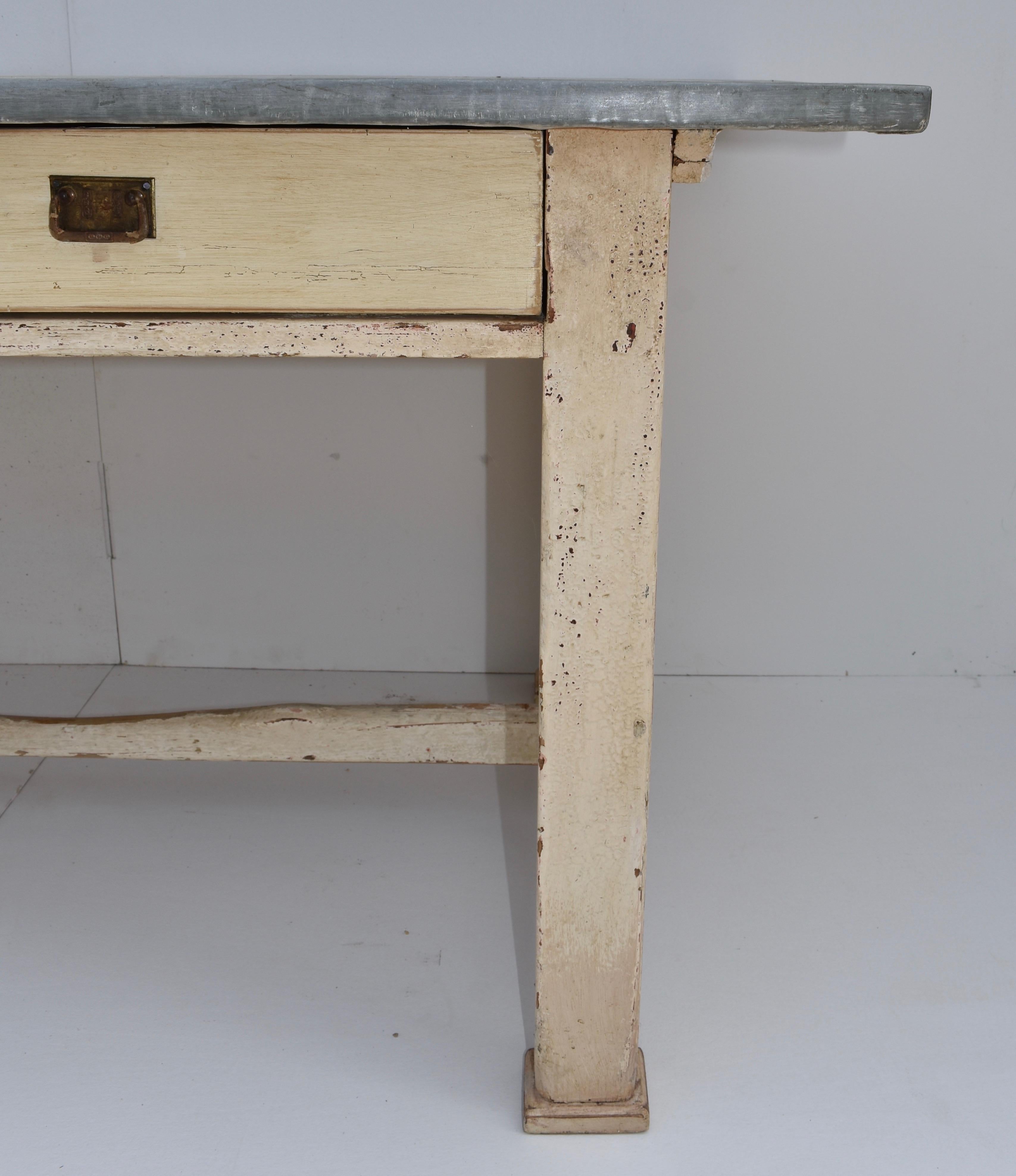 20th Century Painted Pine Zinc-Topped Work Table