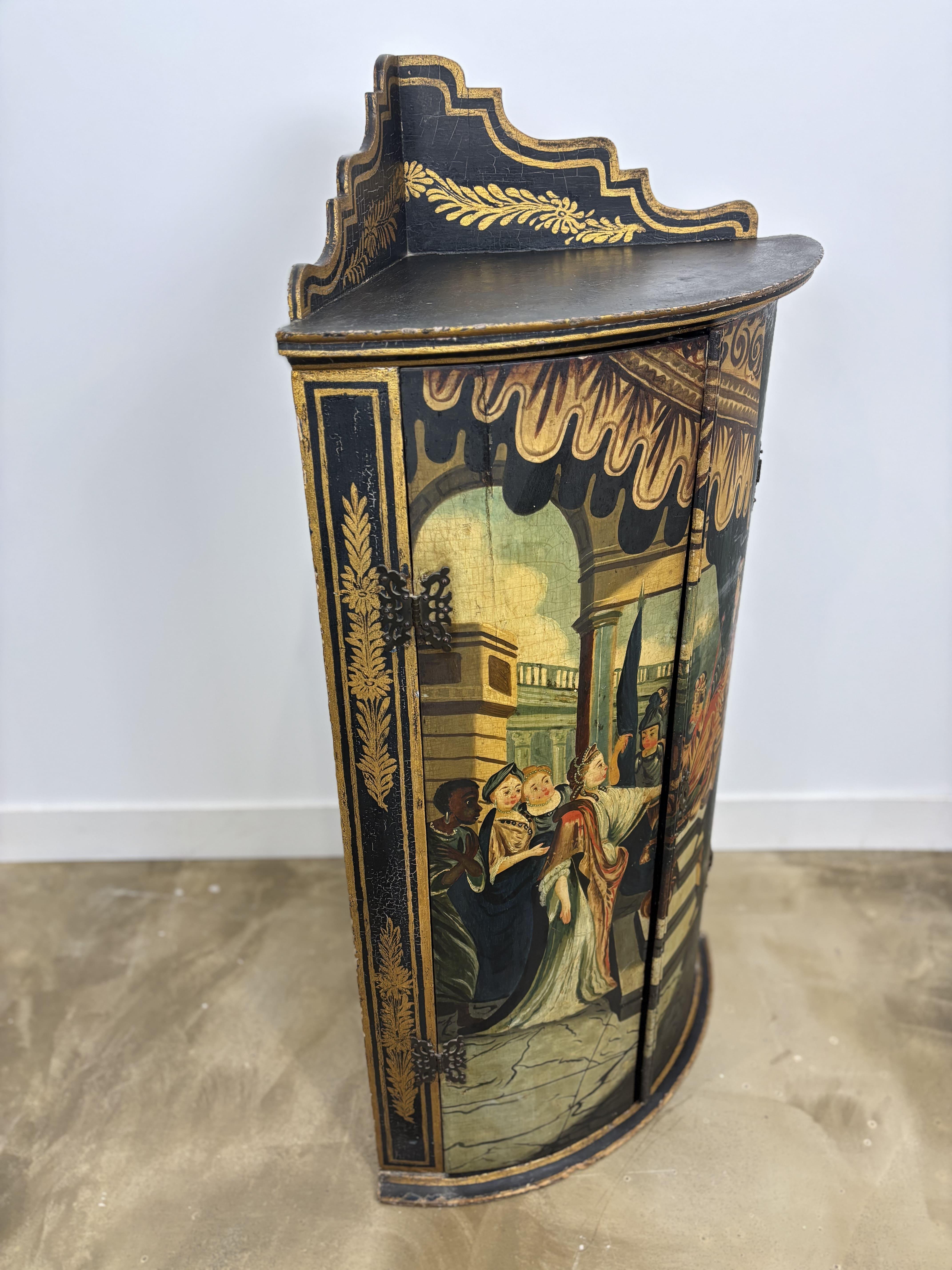 Credenza ad angolo dipinta in policromia con decorazione di scene di corte, opera francese del 1900 in vendita 7