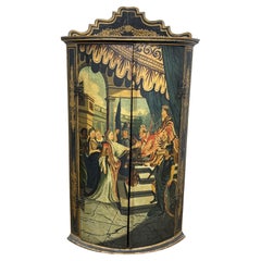 Credenza ad angolo dipinta in policromia con decorazione di scene di corte, opera francese del 1900