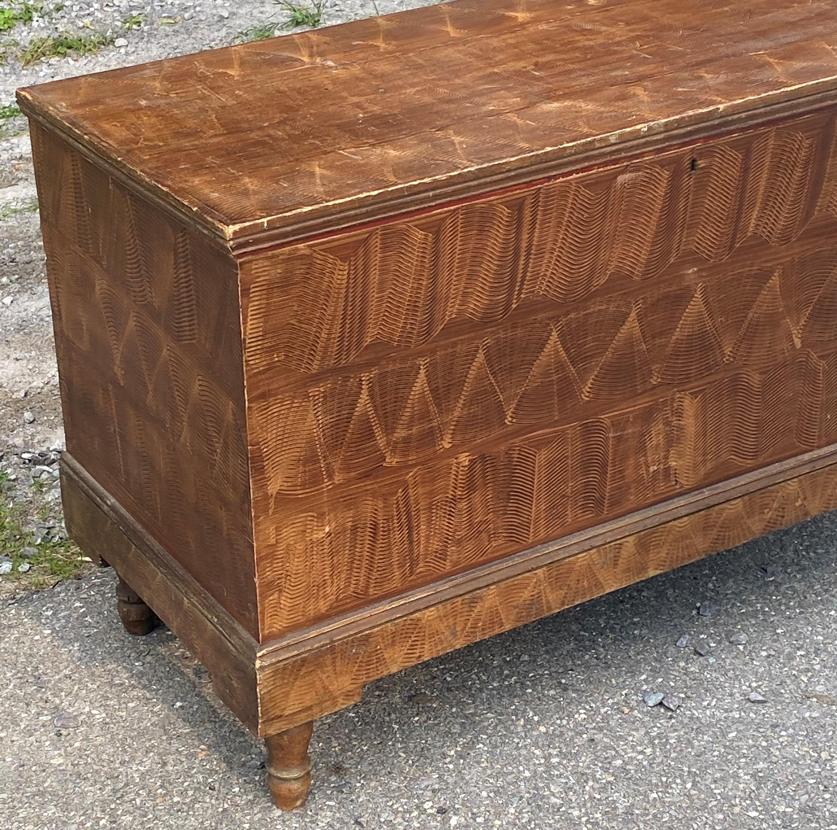 Wonderful grained PA blanket box, well crafted and with original turned feet, attributed to a specific area of PA, likey Montgomery county. Note cover of well is walnut-otherwide all poplar.