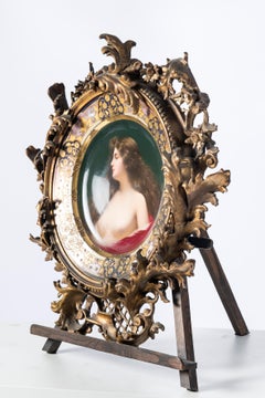 Painted Porcelain and Hand Carved, Gold Leaf Wood Frame, Signed "Épanouissement"