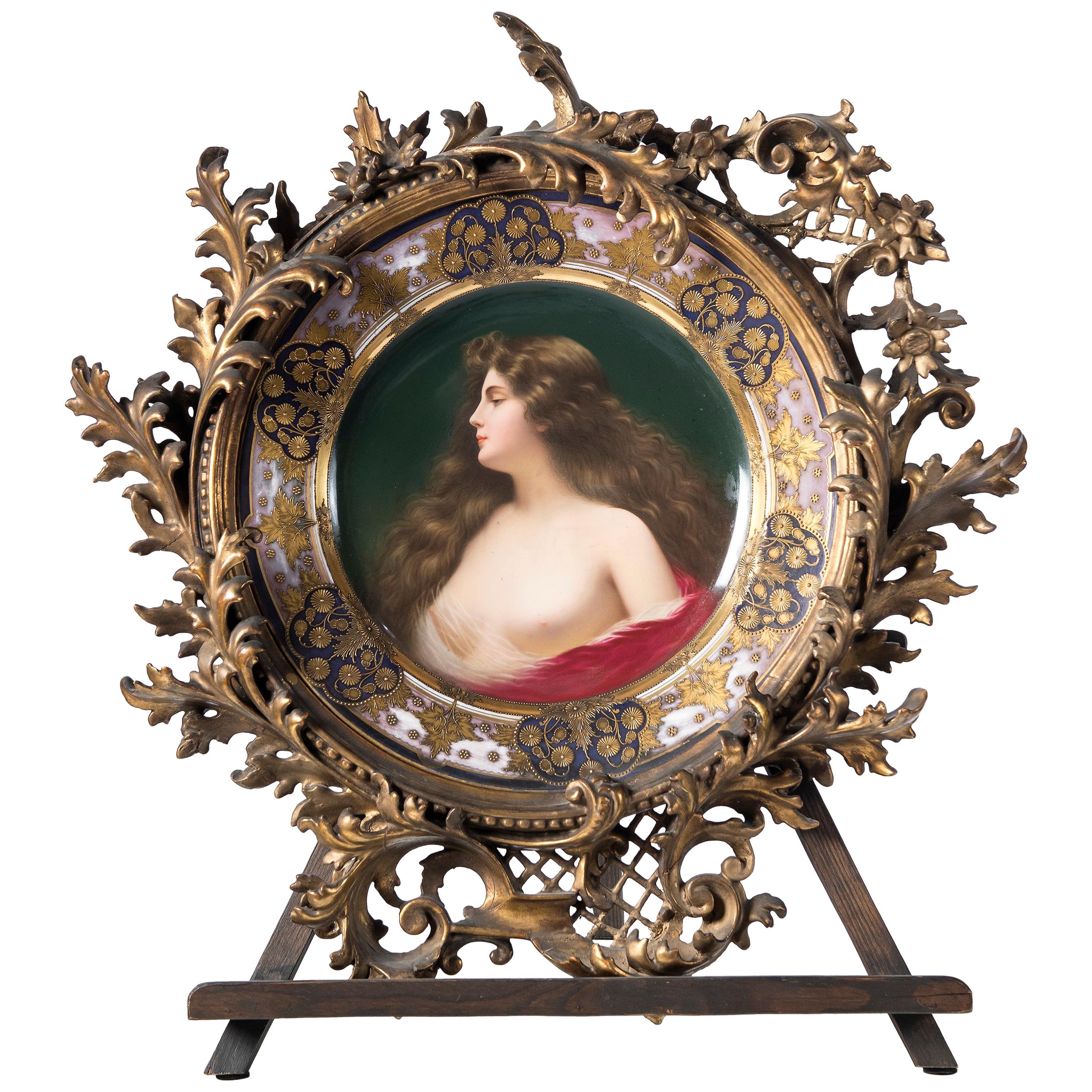 Painted Porcelain and Hand Carved, Gold Leaf Wood Frame, Signed "Épanouissement"