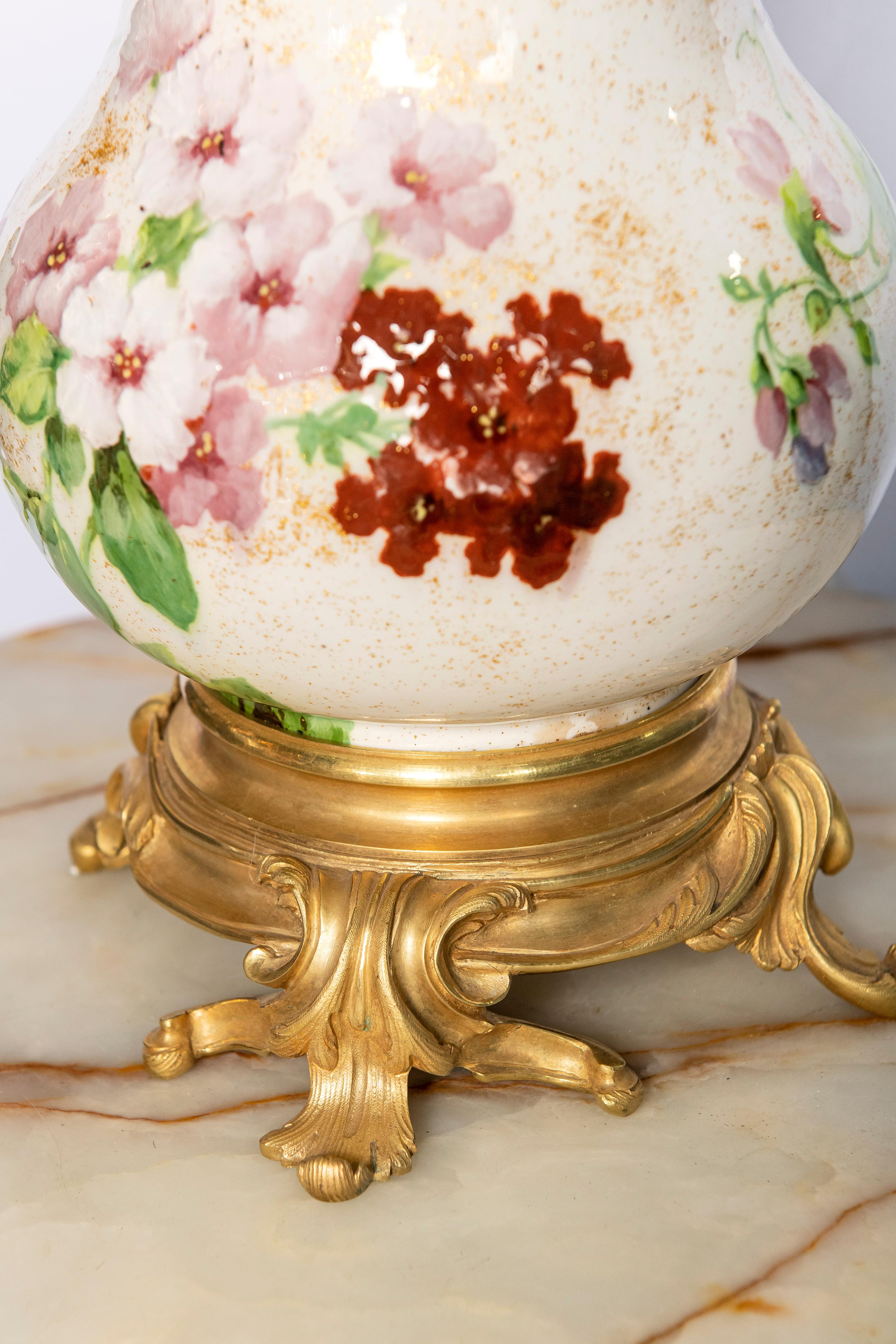 Louis XV Painted Porcelain, Crystal and Gilt Bronze Table Lamp. France, circa 1890 For Sale