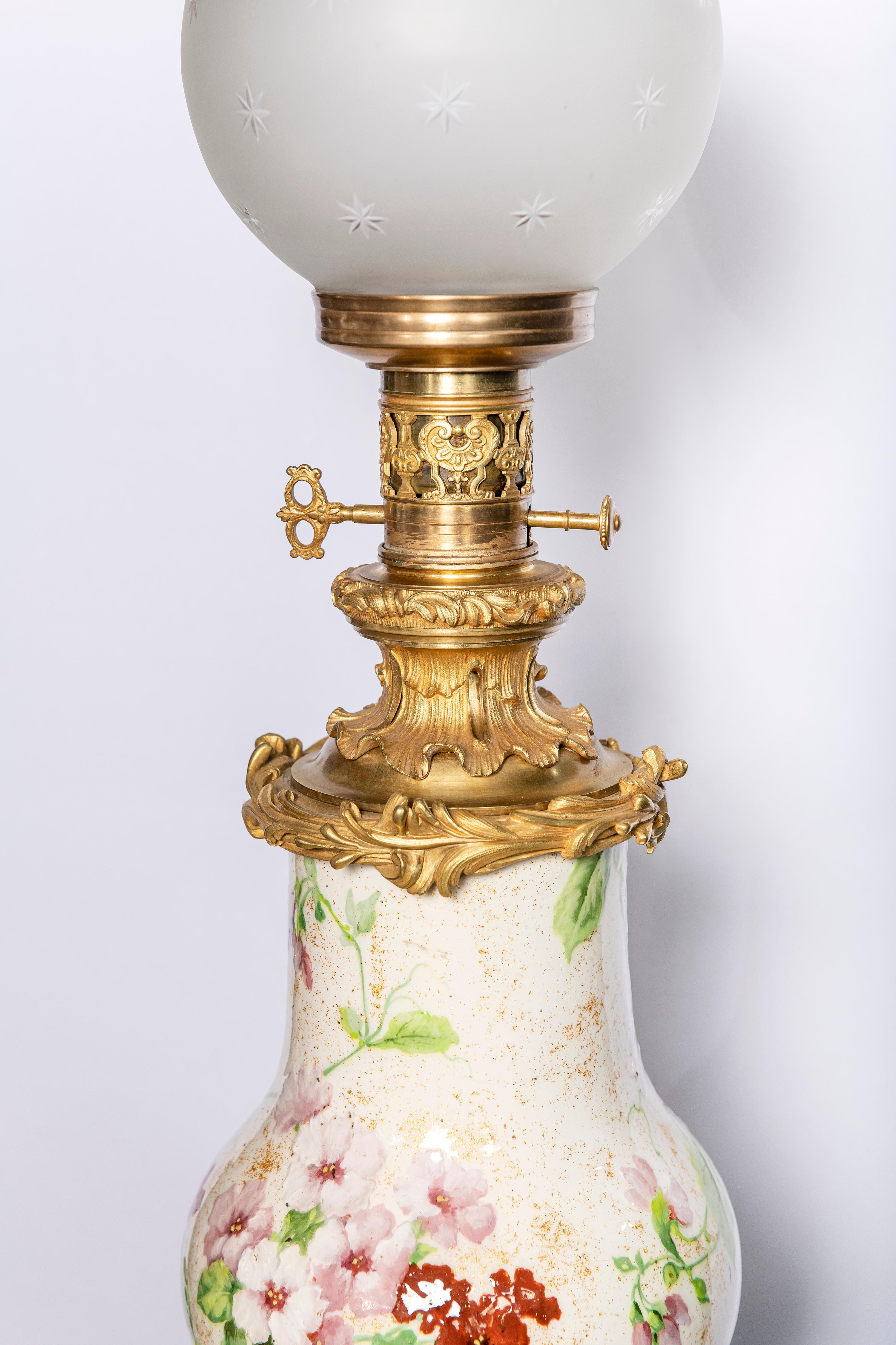 French Painted Porcelain, Crystal and Gilt Bronze Table Lamp. France, circa 1890 For Sale