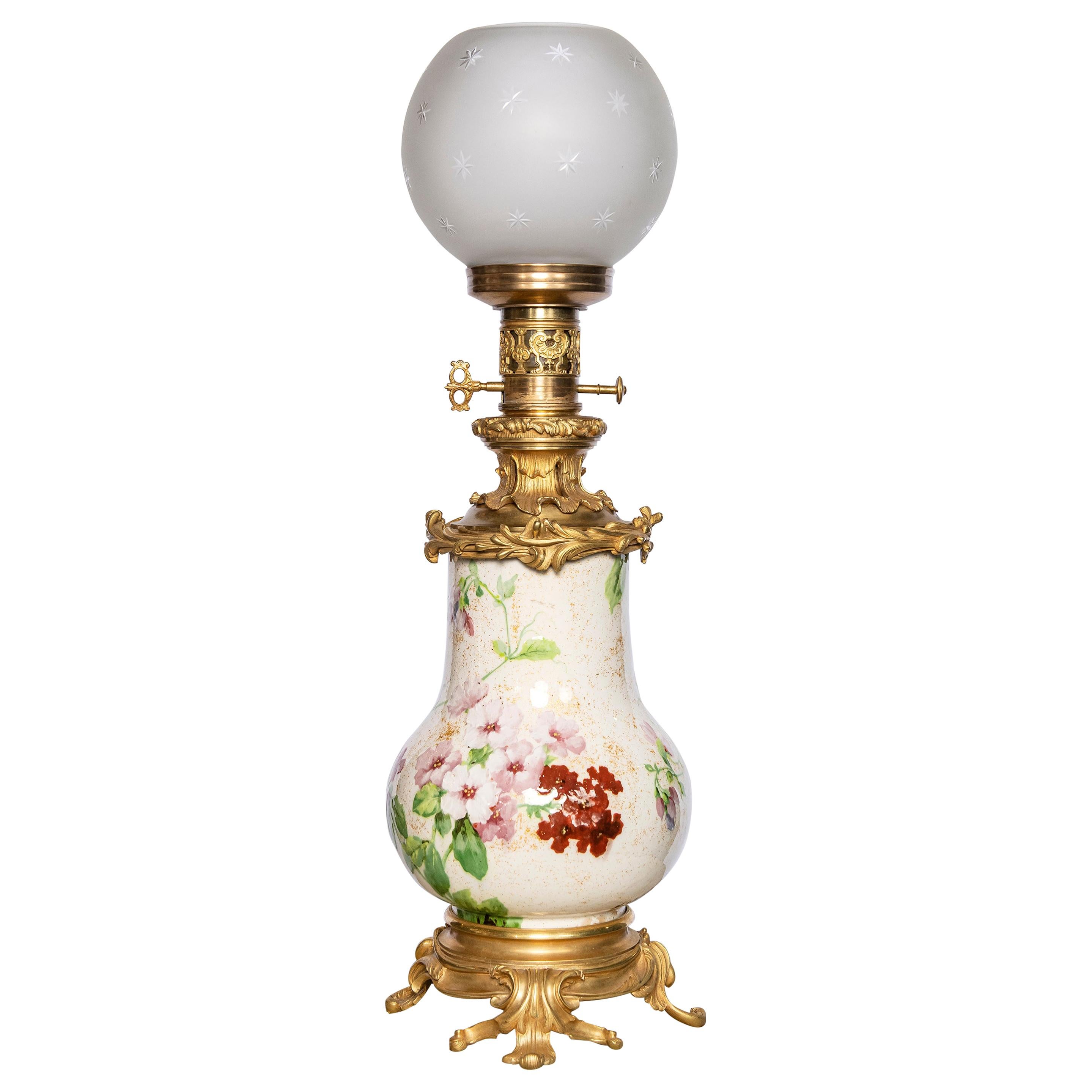 Painted Porcelain, Crystal and Gilt Bronze Table Lamp. France, circa 1890 For Sale