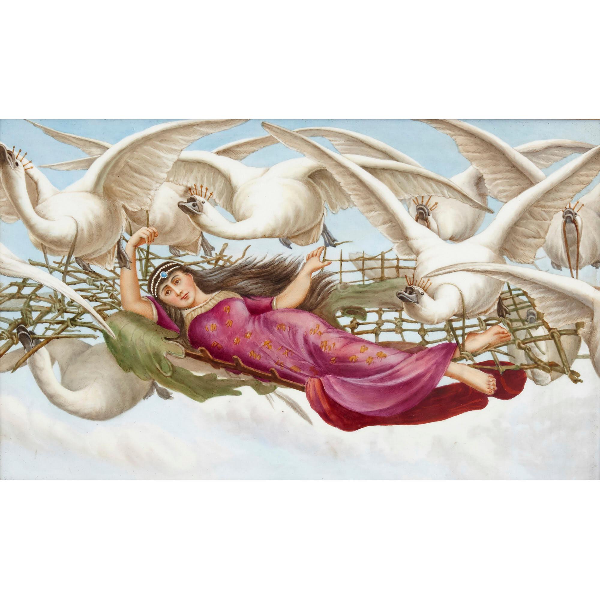 Painted porcelain plaque of woman flown aloft by swans
English, 1884
Measures: Frame: Height 37cm, width 50cm, depth 5cm
Plaque: Height 20cm, width 22.5cm, depth 0.5cm

This beautiful English porcelain plaque is painted with a spectacular scene