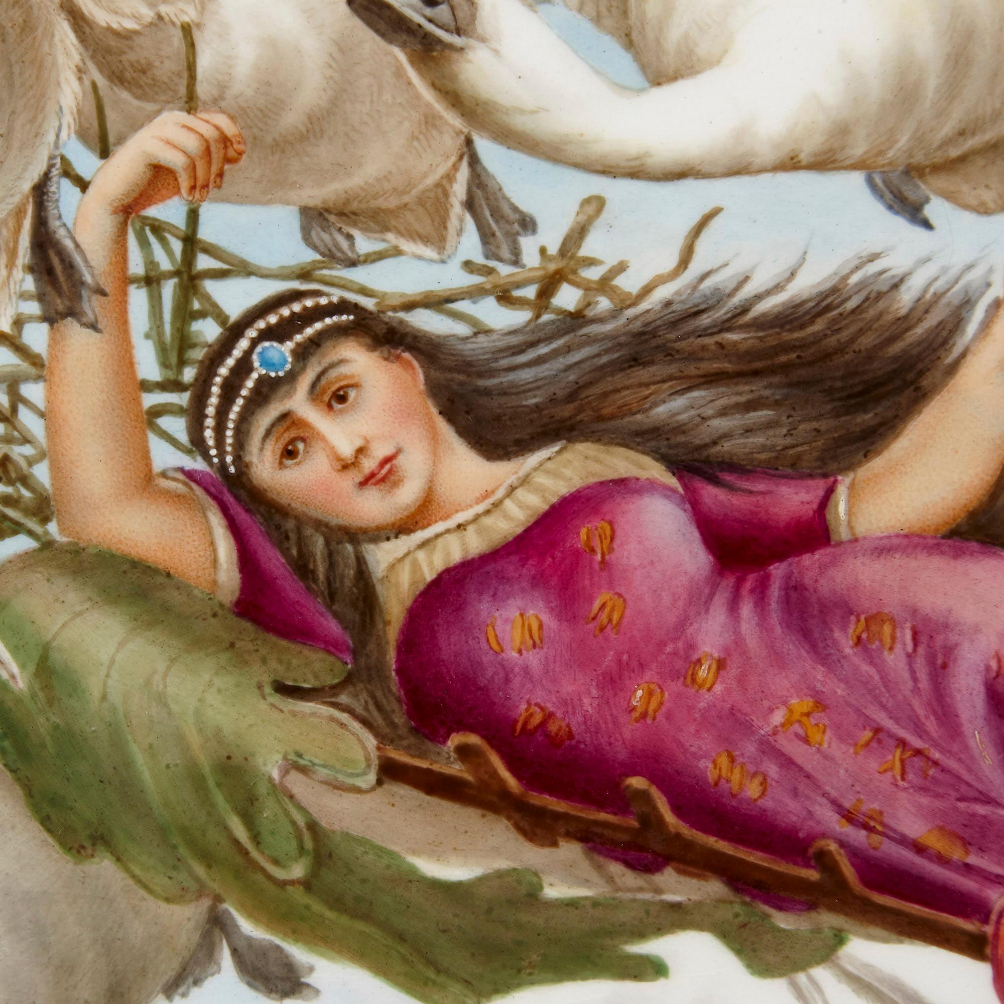 English Painted Porcelain Plaque of Woman Flown Aloft by Swans For Sale