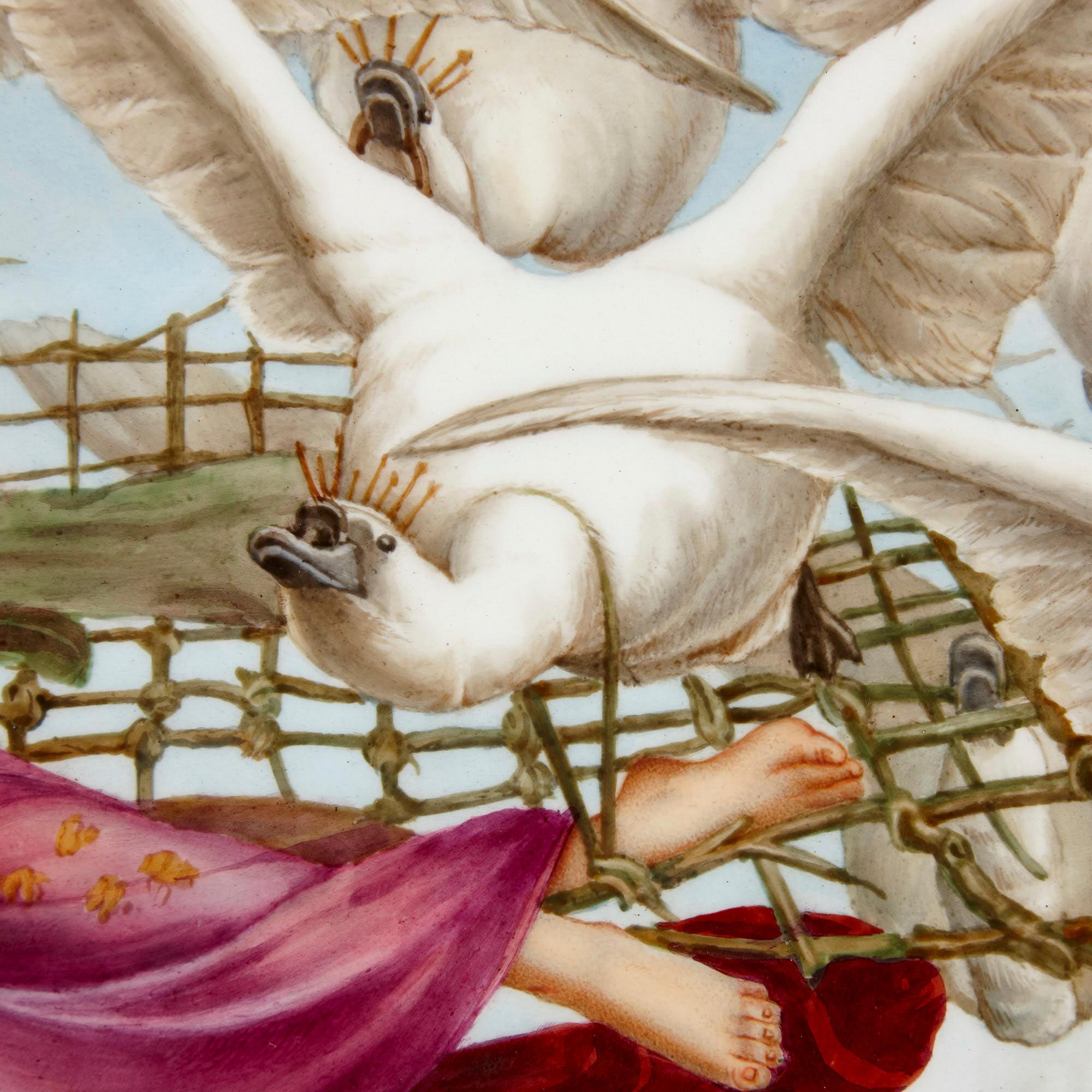 Painted Porcelain Plaque of Woman Flown Aloft by Swans In Good Condition For Sale In London, GB