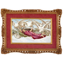 Antique Painted Porcelain Plaque of Woman Flown Aloft by Swans