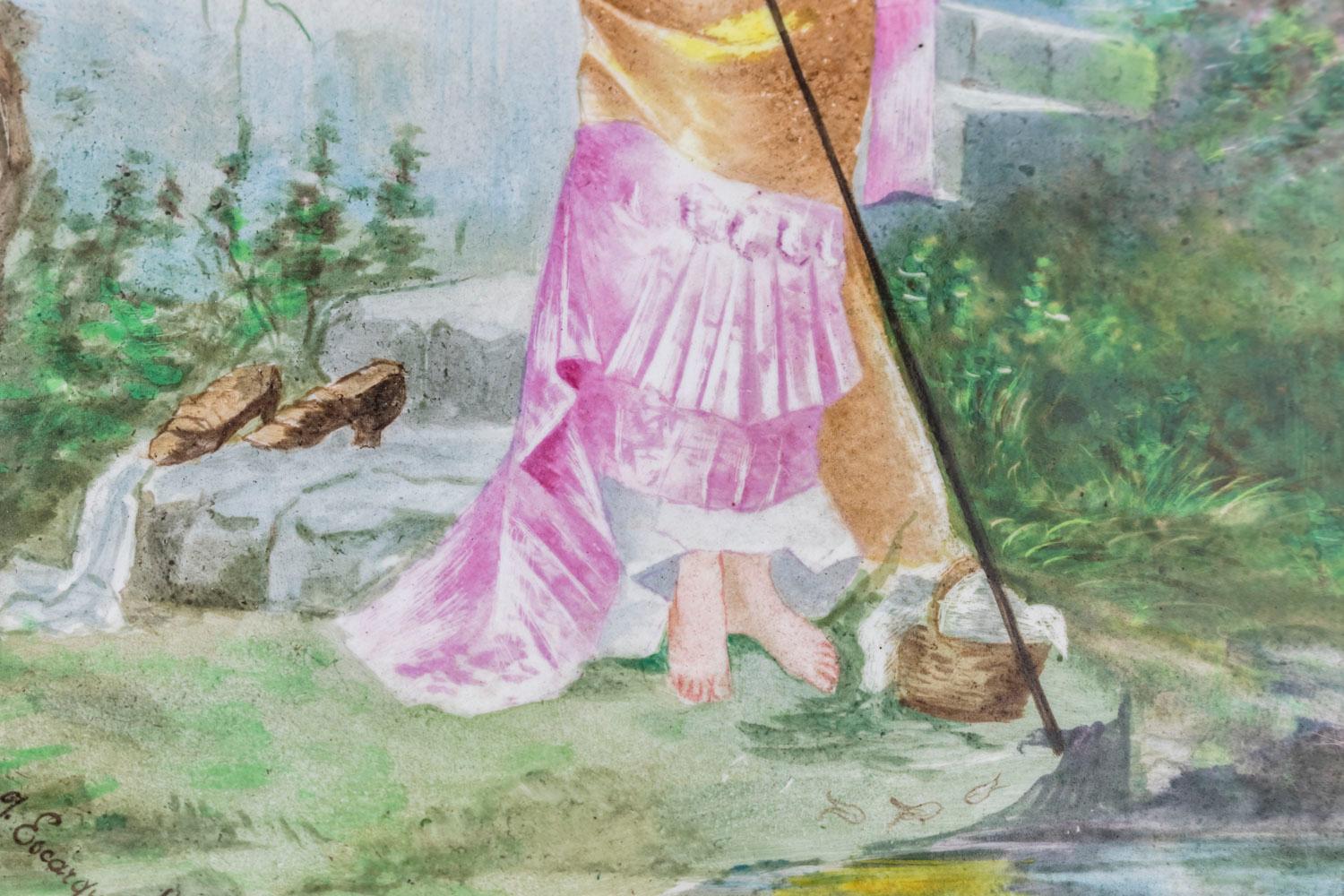 French Painted Porcelain Plate Figuring a Fisherwoman, 19th Century For Sale