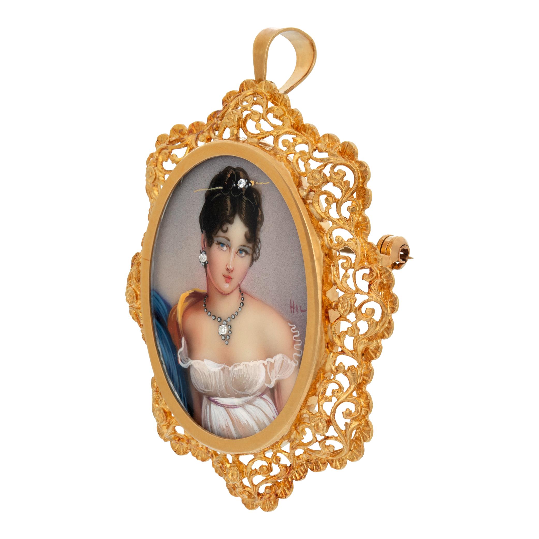 Beautiful painted portrait of a lady pendant/brooch with intricate and ornate 18k gold frame. Italian made. Signed 