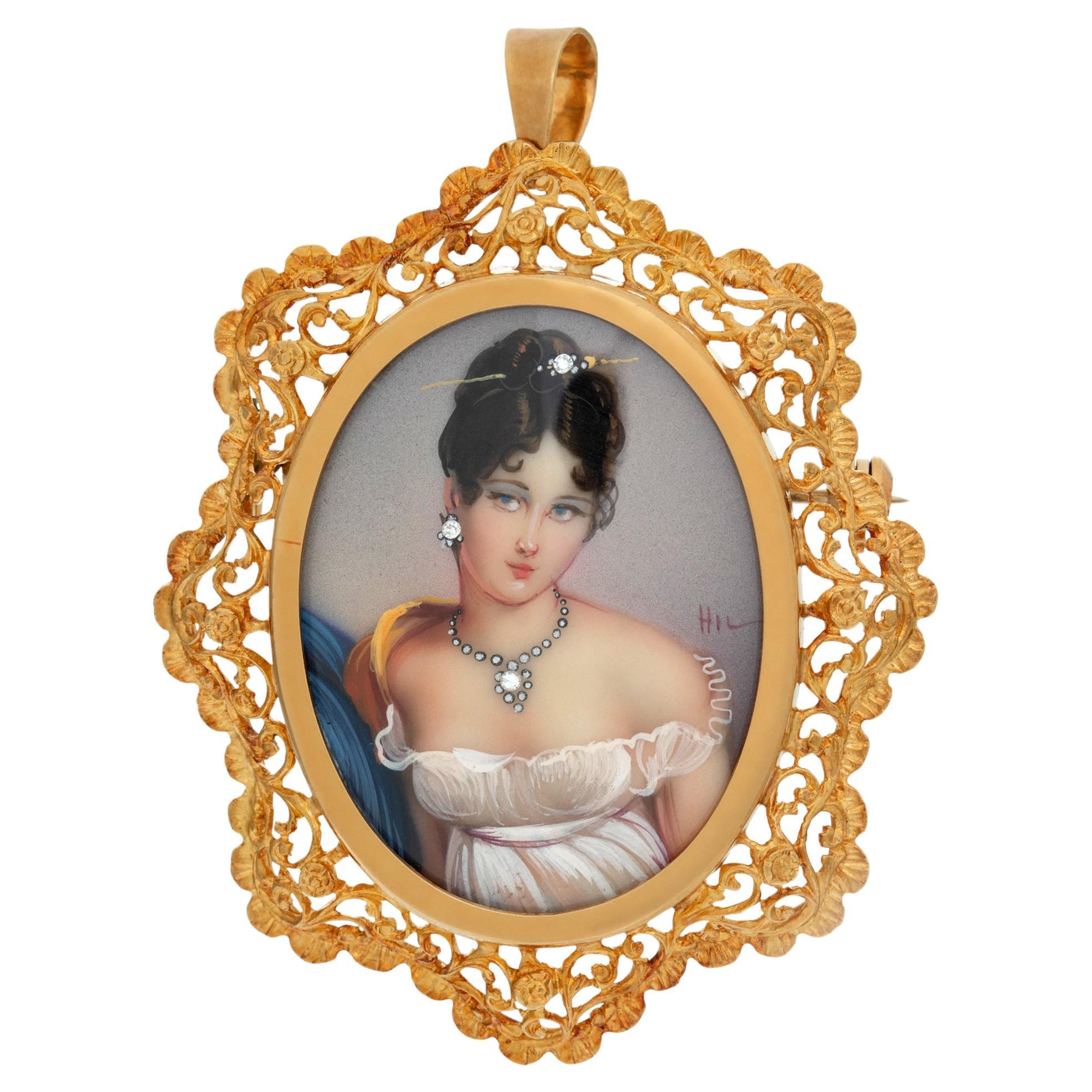 Painted portrait pendant/brooch with yellow gold frame For Sale