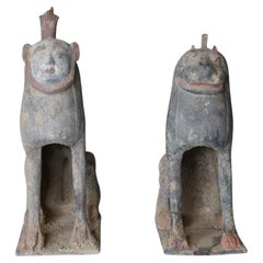 Painted Pottery Tomb Guardian Figures, Pair/ 6th Century/ Northern Qi Dynas