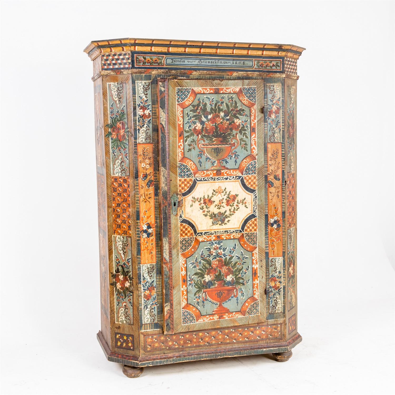 Hand-Painted Painted Provincial Cupboard, Southern Germany, Dated 1808