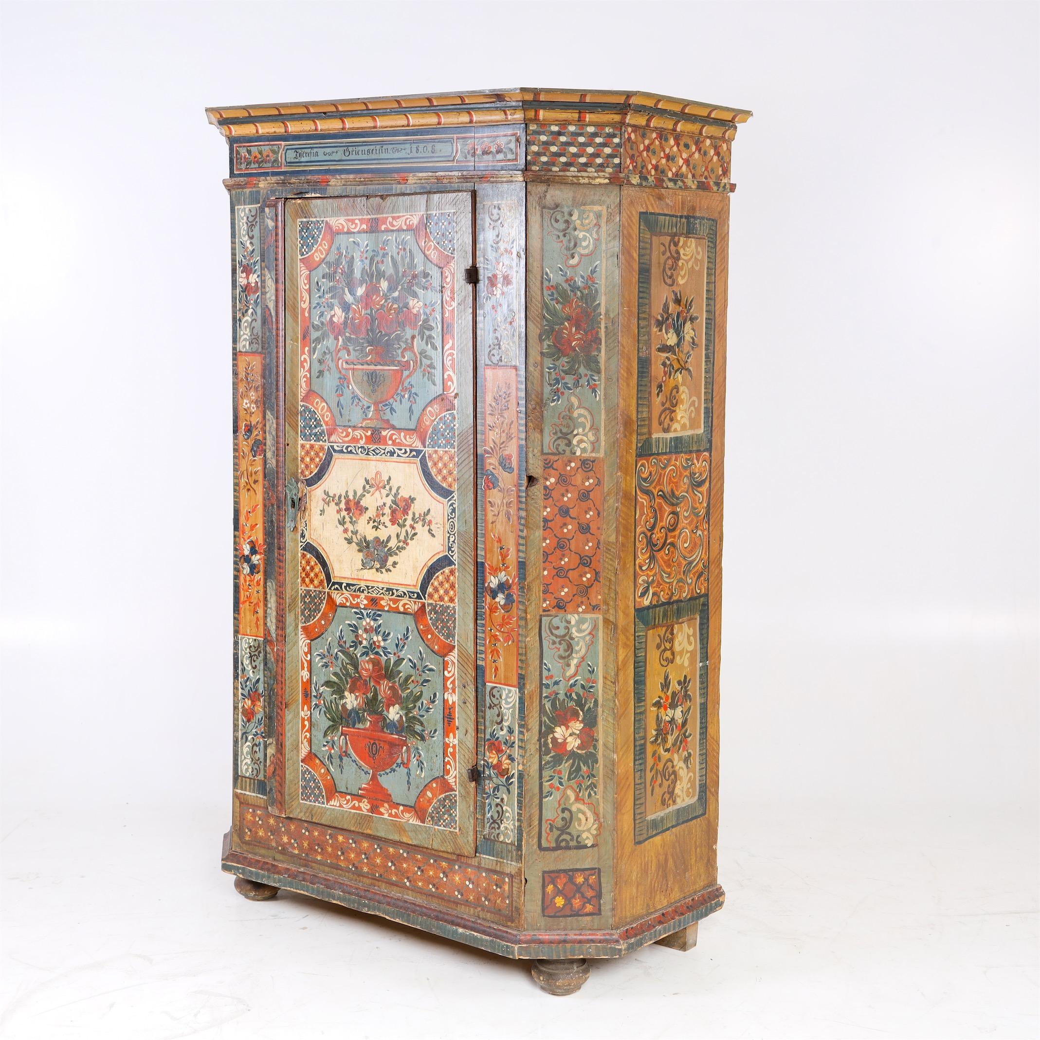 Wood Painted Provincial Cupboard, Southern Germany, Dated 1808