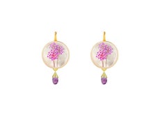 Painted Purple Field Flowers Mother of Pearl  Earrings