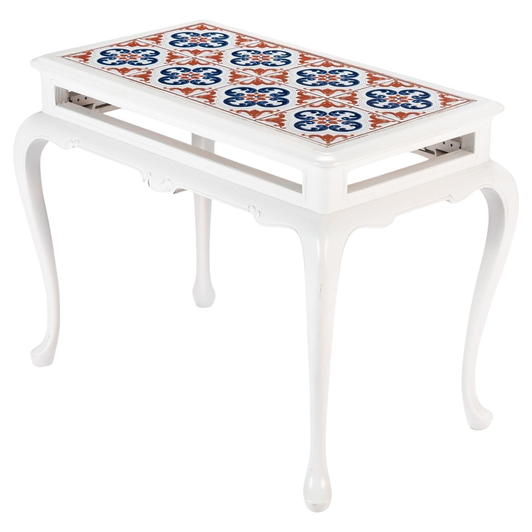 Painted Queen Anne style hardwood tiled coffee table, 1950's For Sale