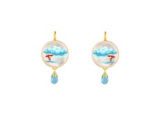 Painted Rainy Day Story Earrings - Girl with Umbrella Mother of Pearl Drops