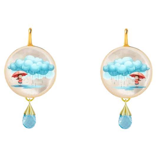 Orecchini dipinti con la storia di un giorno di pioggia - Ragazza con ombrello con gocce di madreperla