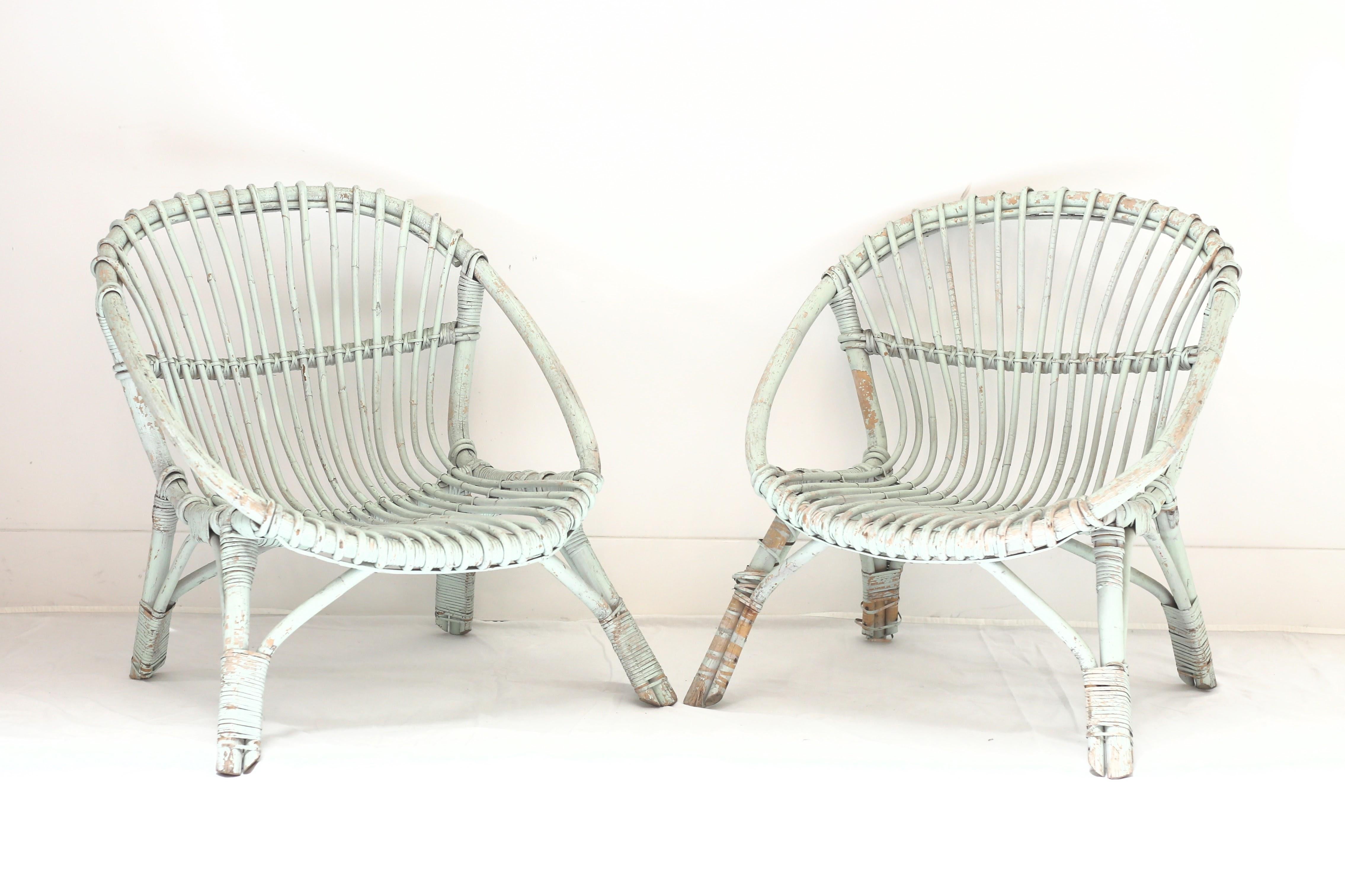 Pair of vintage mint green painted rattan armchairs.
FRN2009.