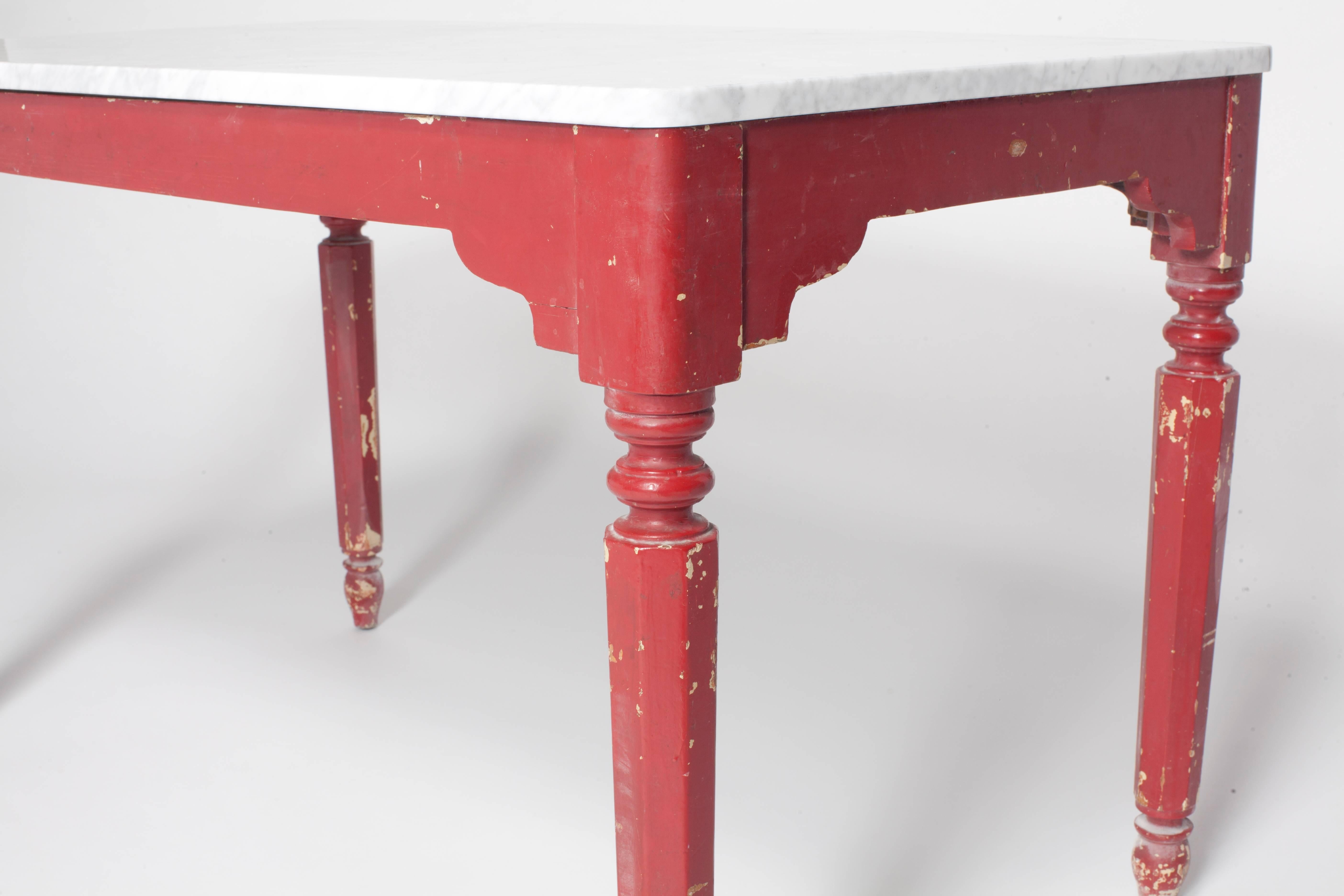 Painted Red Farm Table with Turned Legs and Marble Top In Distressed Condition In Los Angeles, CA