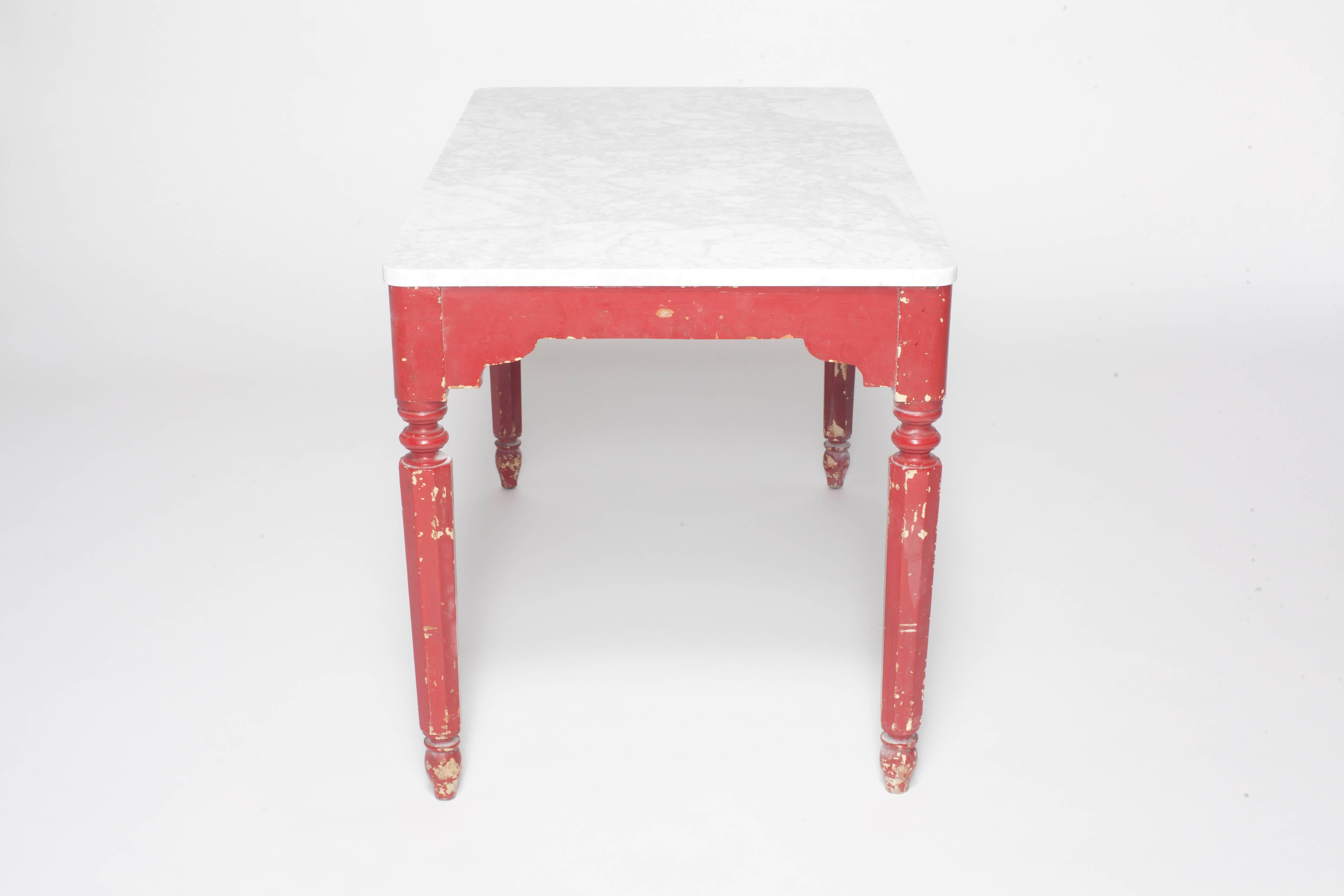 Painted Red Farm Table with Turned Legs and Marble Top 1