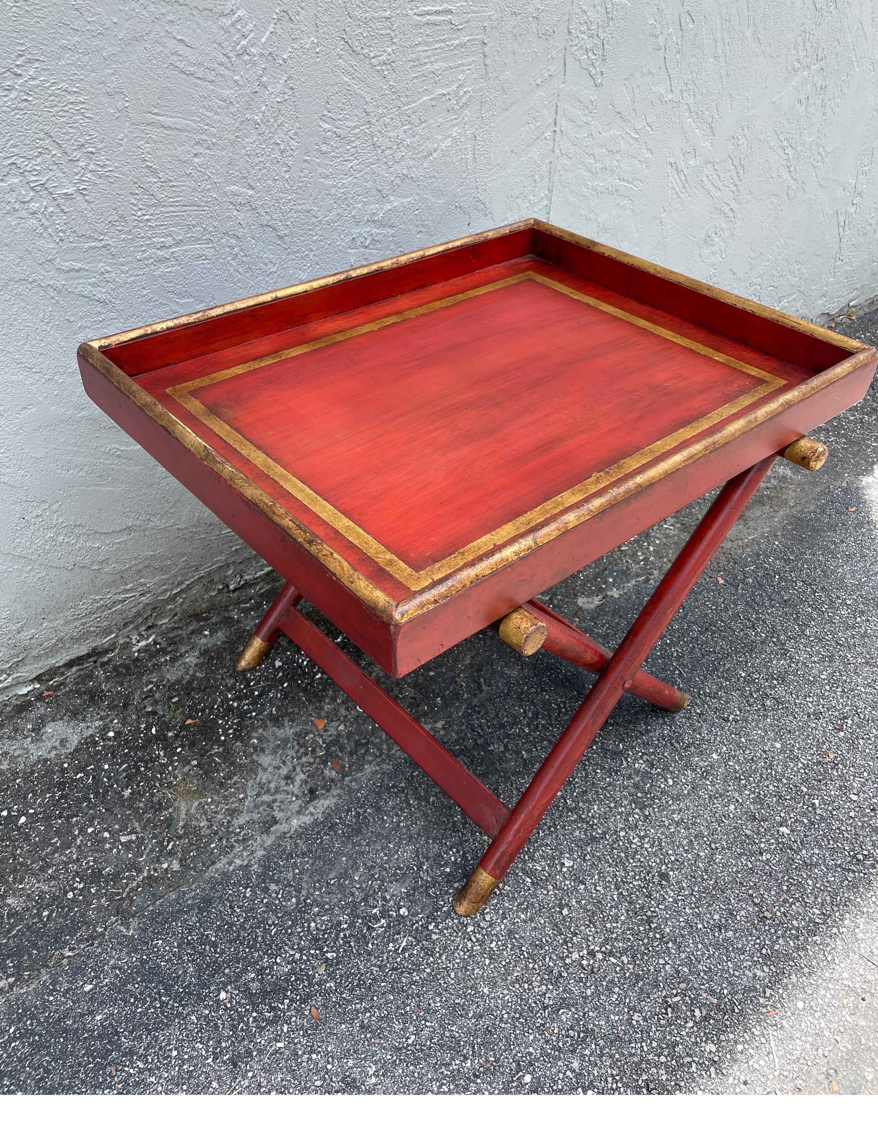 Italian Painted Red & Gold Tray Top Table with X Base