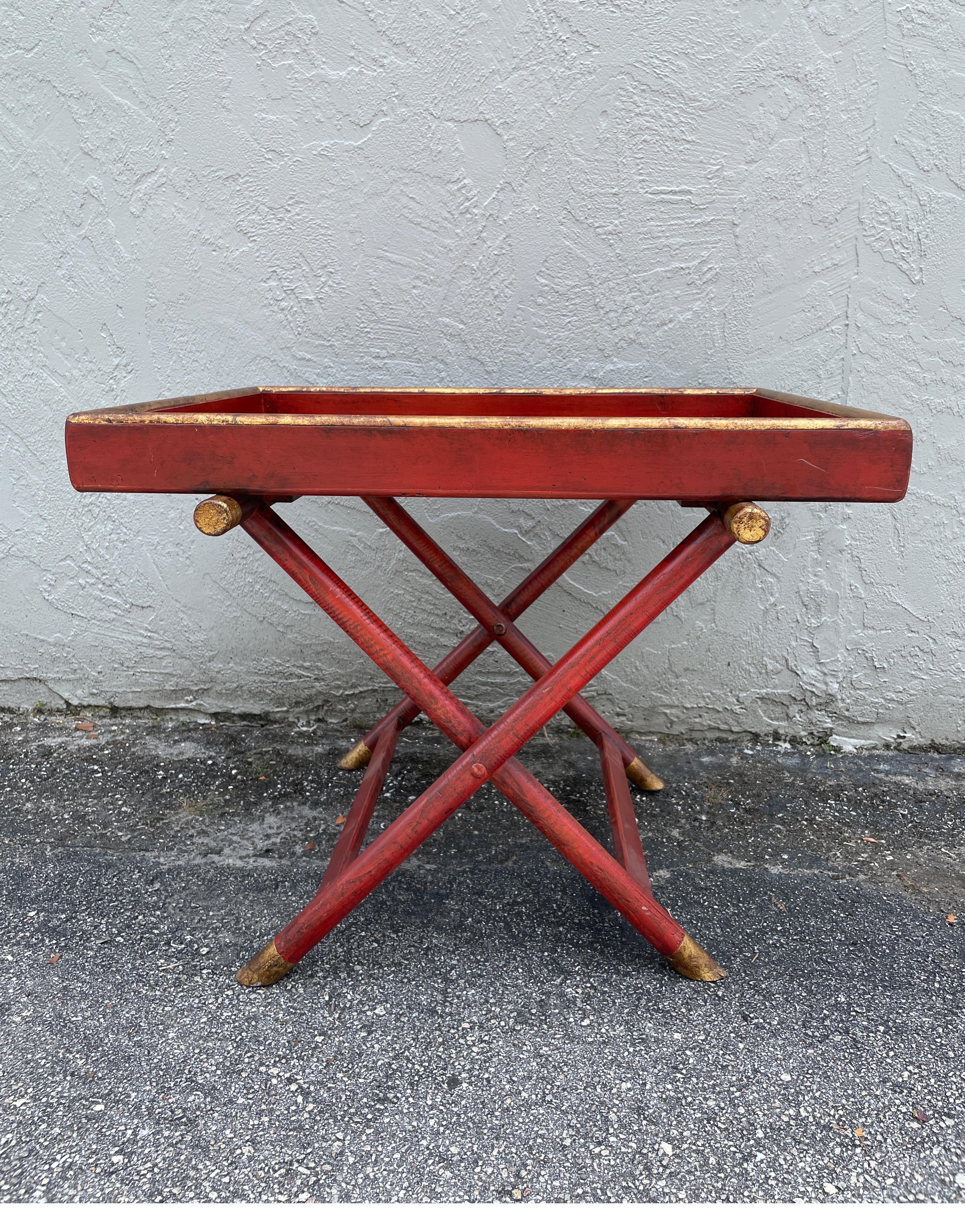 Painted Red & Gold Tray Top Table with X Base In Good Condition In West Palm Beach, FL