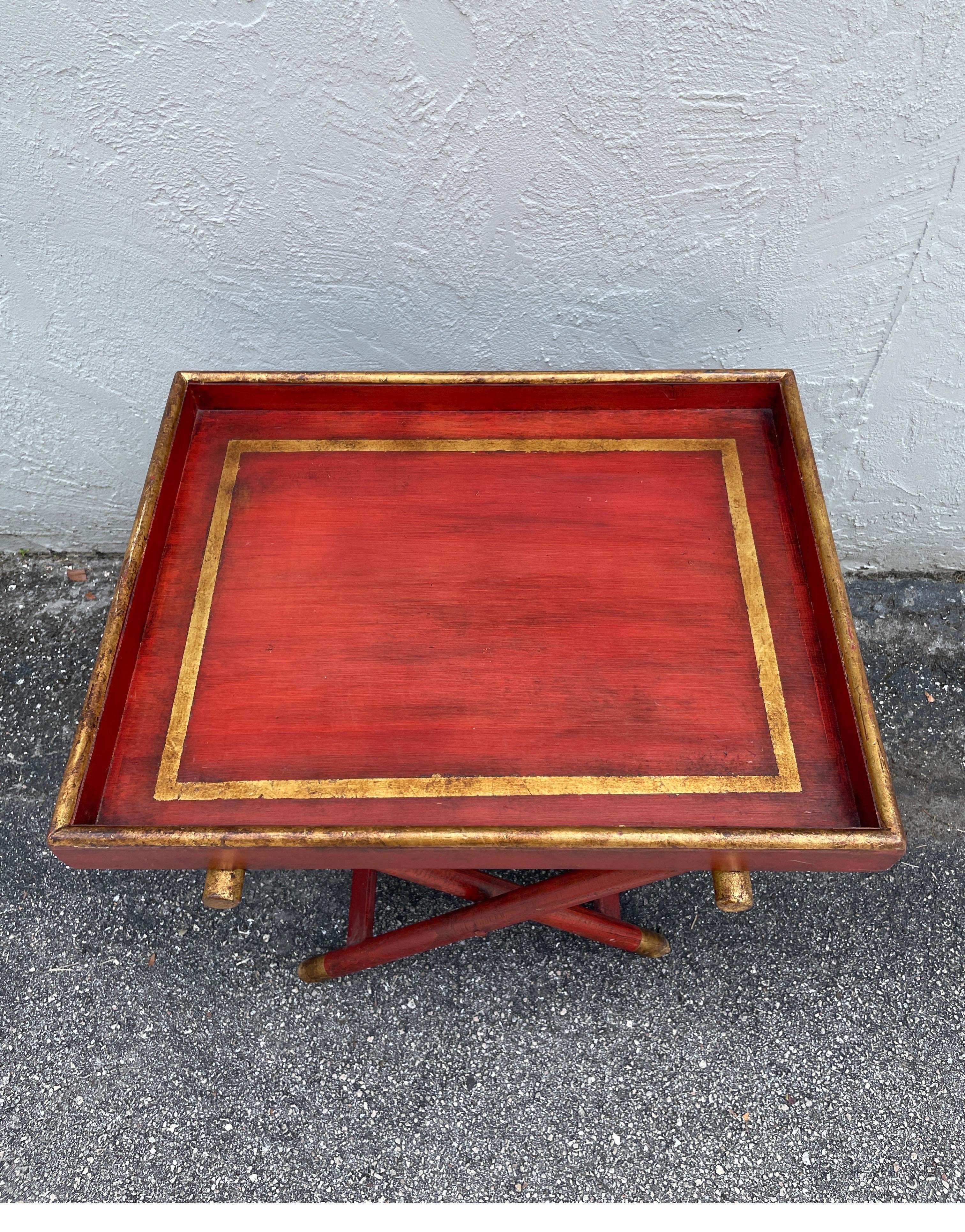 20th Century Painted Red & Gold Tray Top Table with X Base