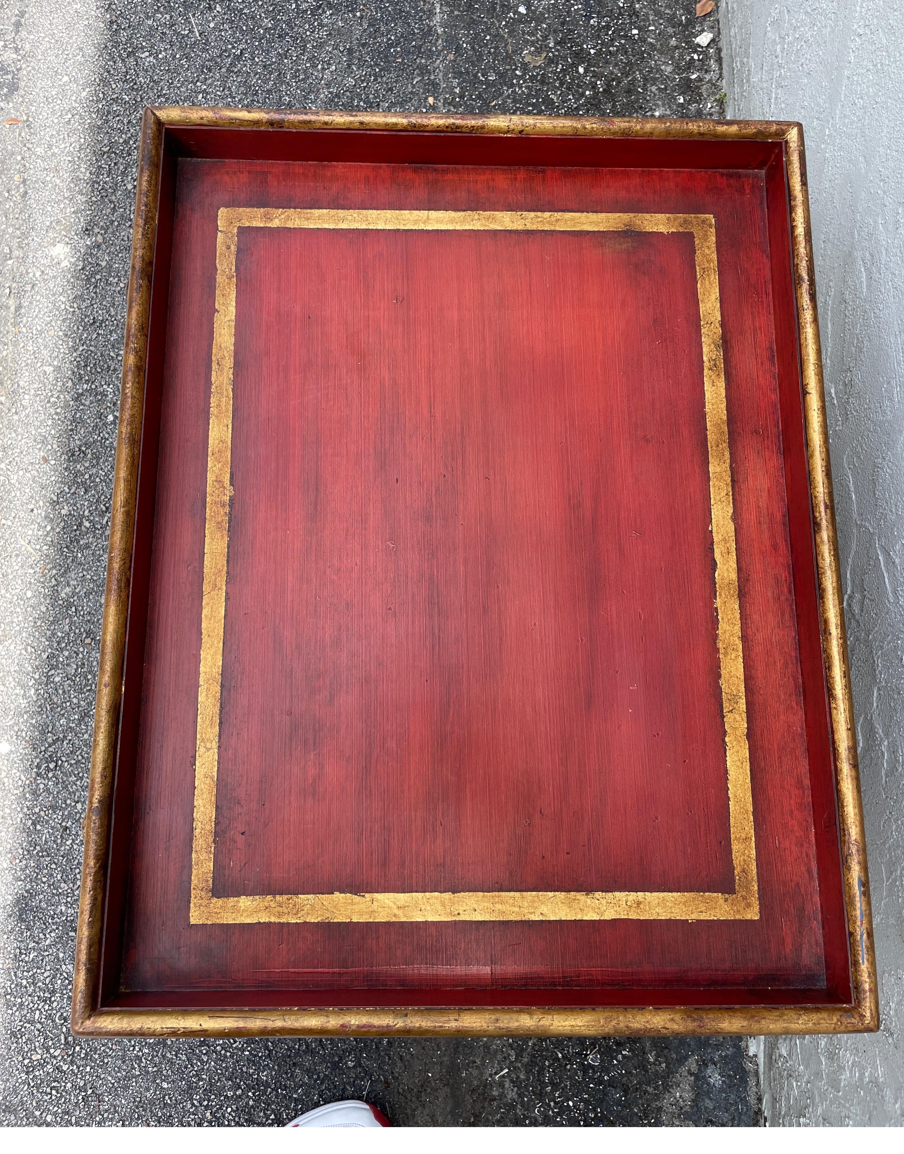 Wood Painted Red & Gold Tray Top Table with X Base
