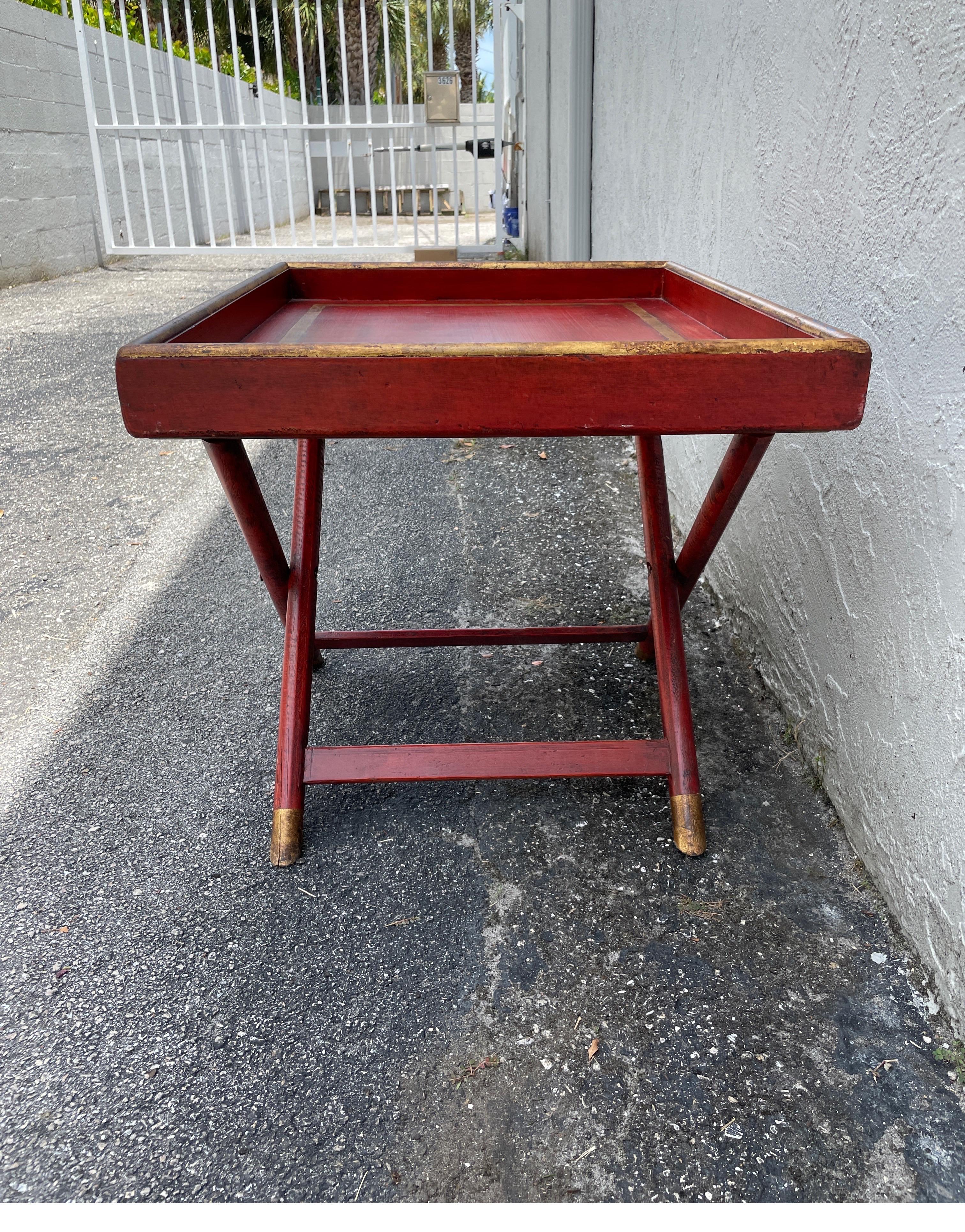 Painted Red & Gold Tray Top Table with X Base 1